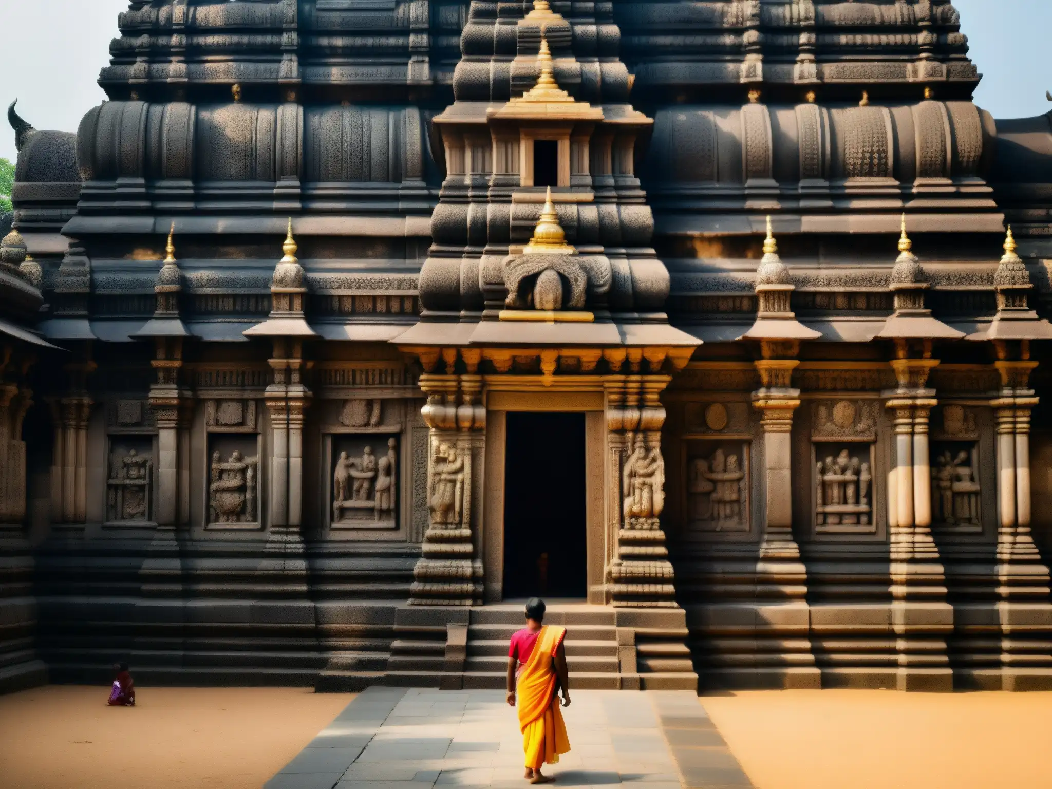 La imponente fachada de piedra del Templo Padmanabhaswamy revela secretos del Guardián del Tesoro, con visitantes y sombras dramáticas