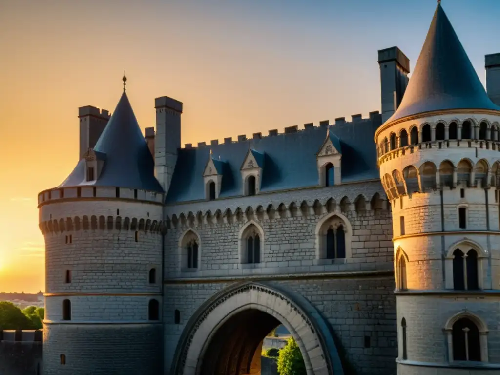 La imponente fortaleza del Château d'Angers en Francia, con detalles góticos y la leyenda de La dama velada Anjou, bajo un vibrante atardecer