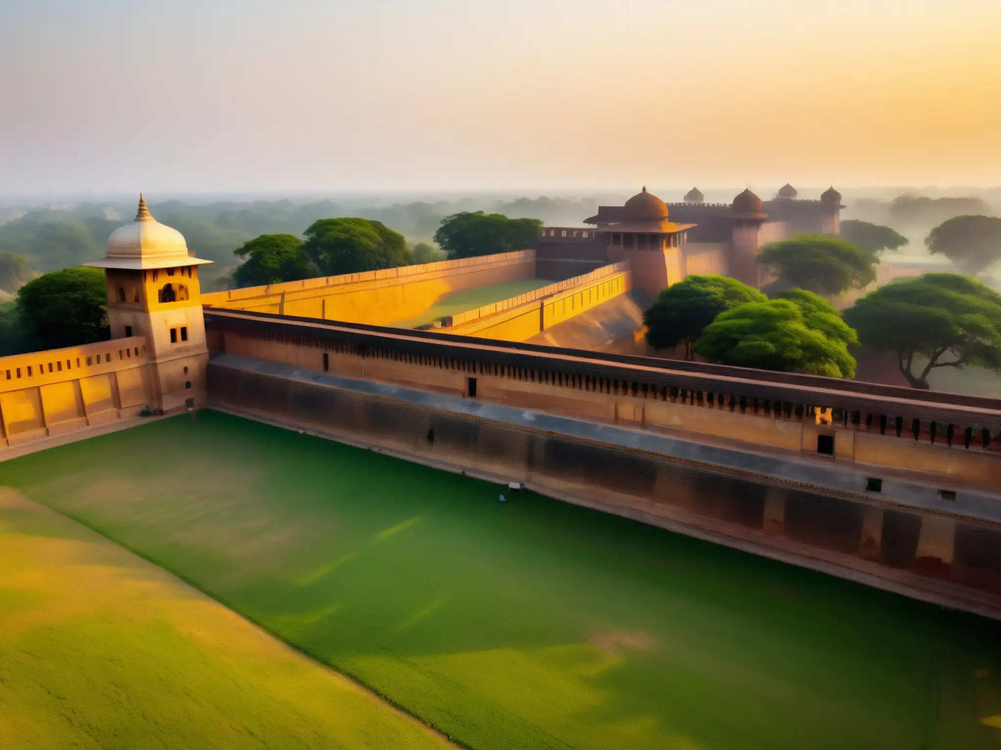 El imponente Fuerte de Meerut bañado por la luz dorada del atardecer, con sus antiguas murallas y torres