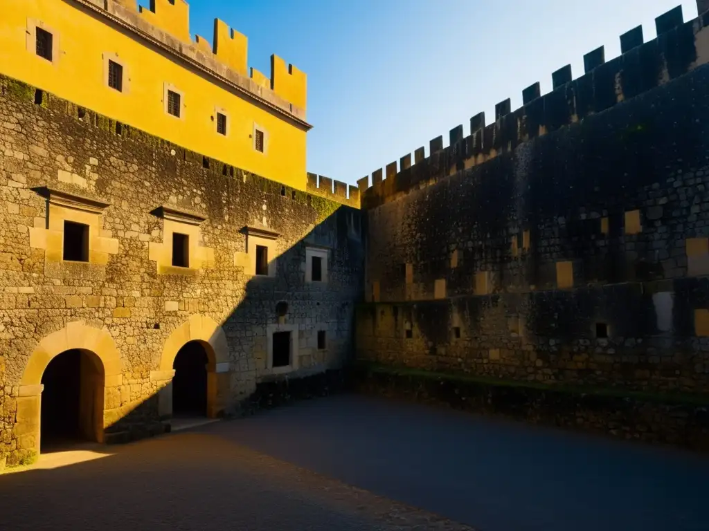 Imponente fuerte São Jorge da Mina, con sombras dramáticas y detallada piedra