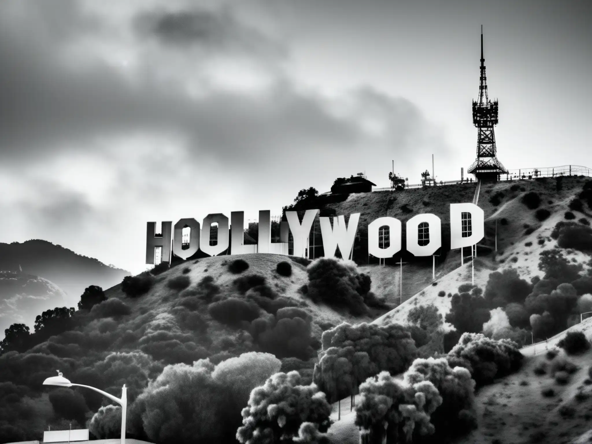 Una imponente imagen en blanco y negro del icónico letrero de Hollywood, evocando misterio y leyendas urbanas detrás de su fama