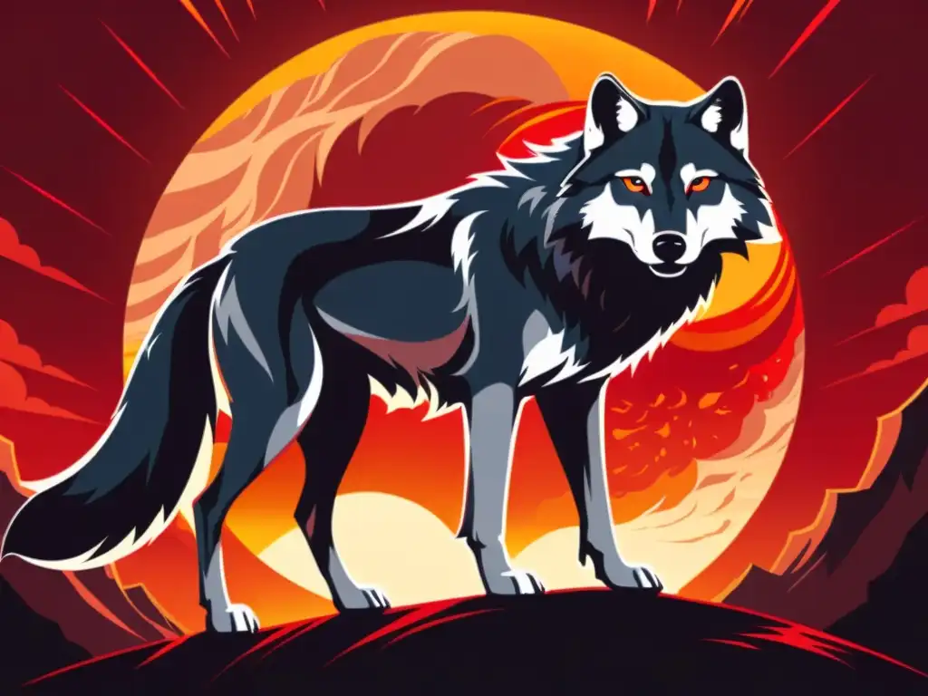 El imponente lobo negro, con ojos rojos y musculatura poderosa, desafiante ante un sol ardiente