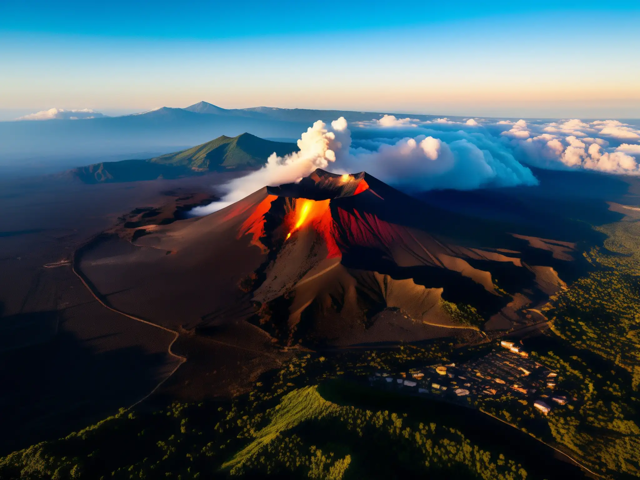El imponente Monte Etna con humeantes nubes de ceniza y brillos de lava, evocando mitos y leyendas urbanas Monte Etna