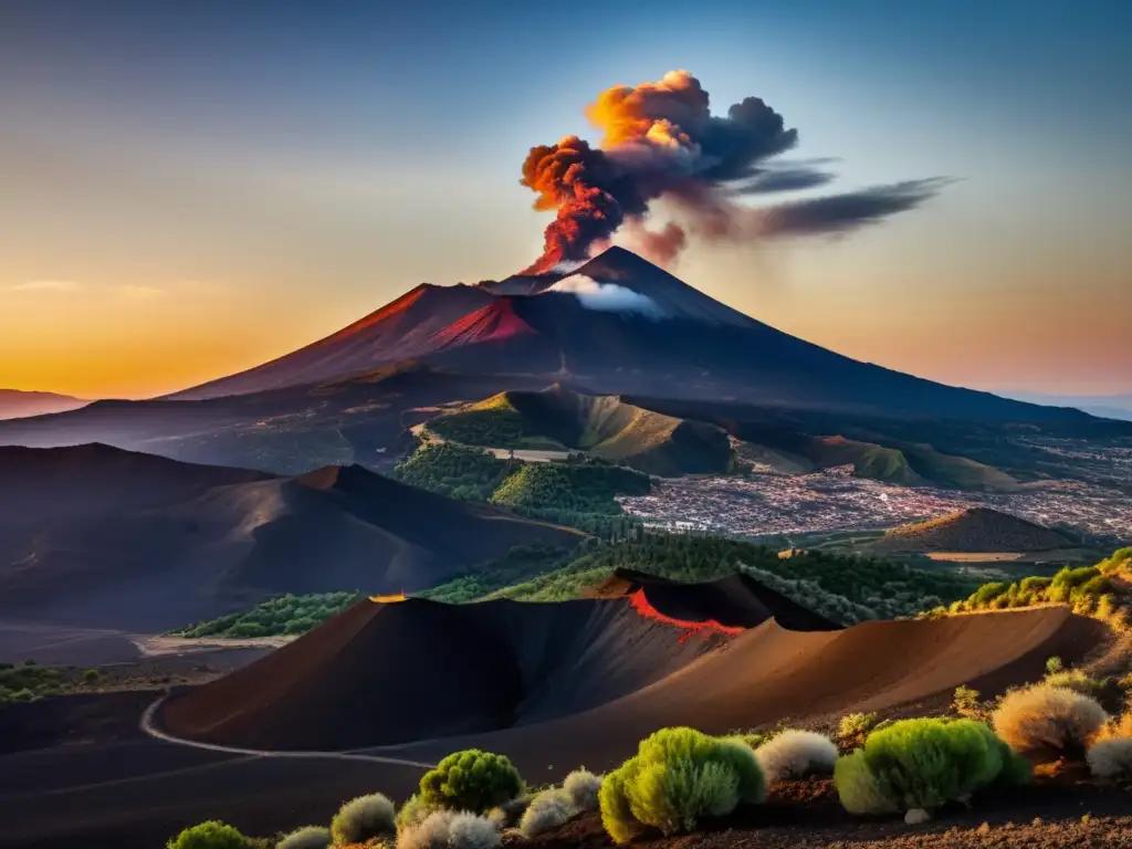 El imponente Monte Etna se eleva sobre el paisaje siciliano, con columnas de humo volcánico en contraste con un atardecer dramático