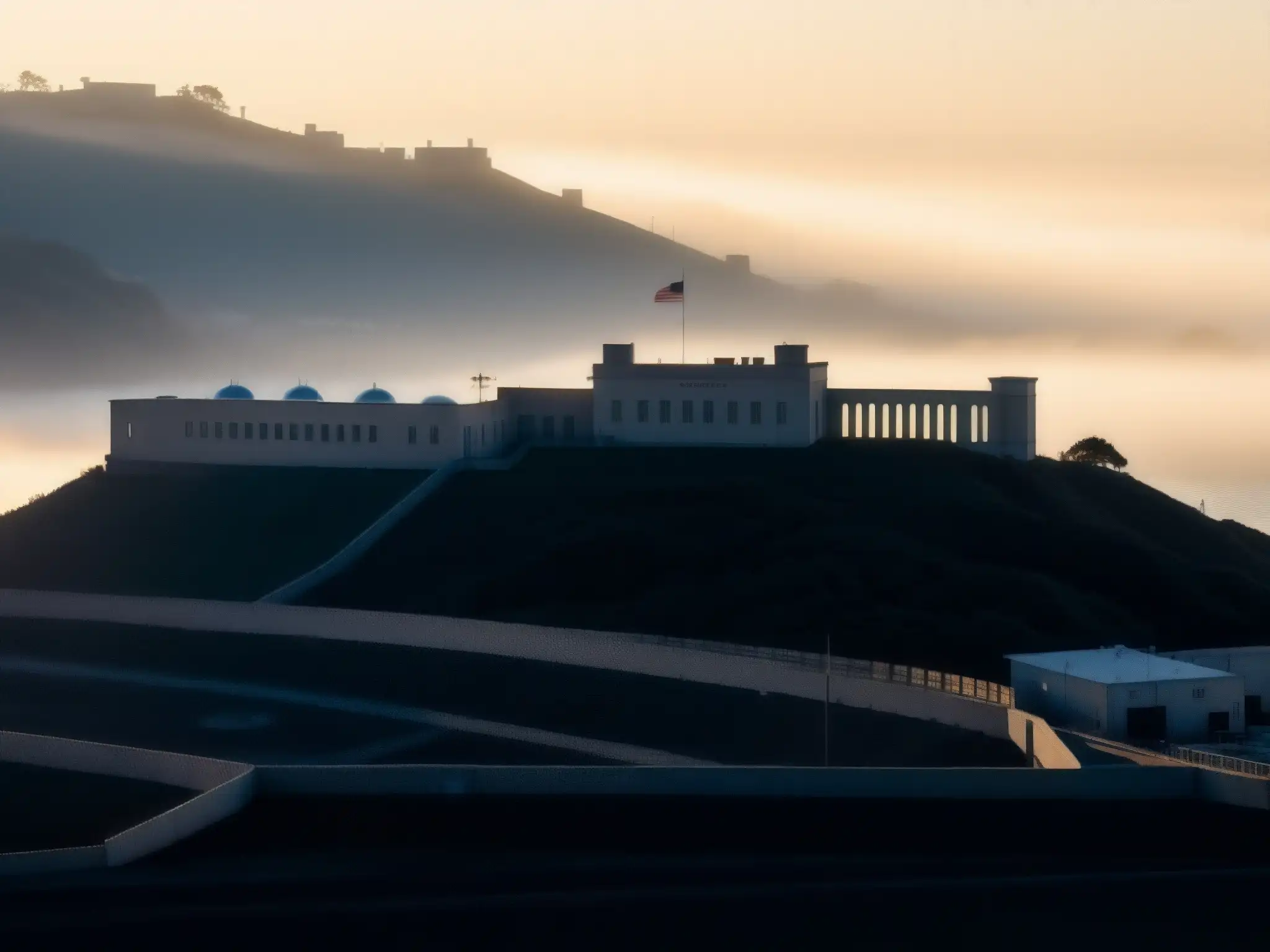 La imponente prisión de San Quentin al atardecer, con niebla y una atmósfera misteriosa que evoca el mito urbano del 'Espíritu de San Quentin'