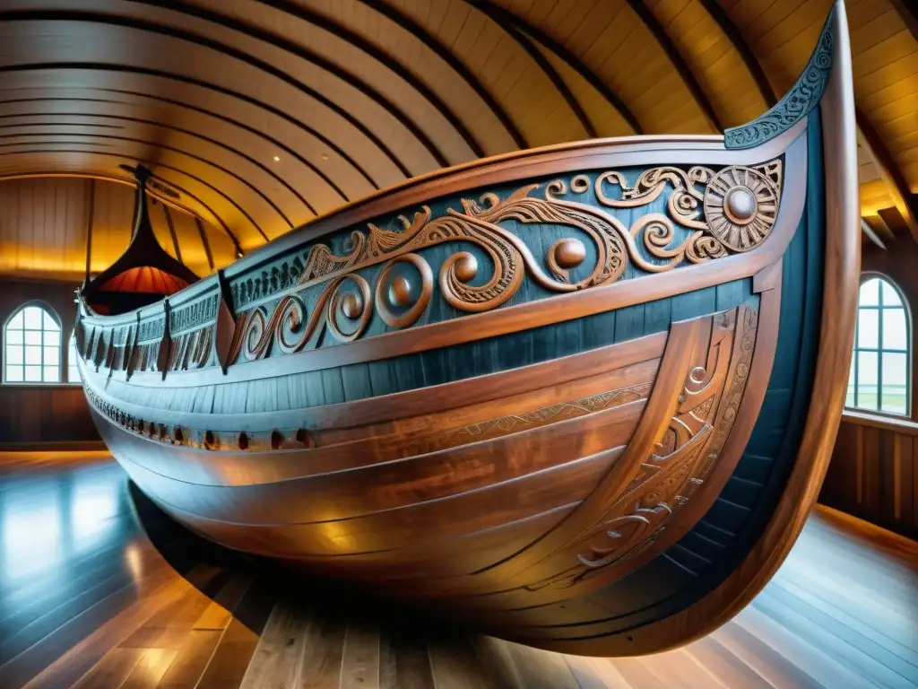 Imponente proa del Barco Vikingo Oseberg con detallados grabados de dragones