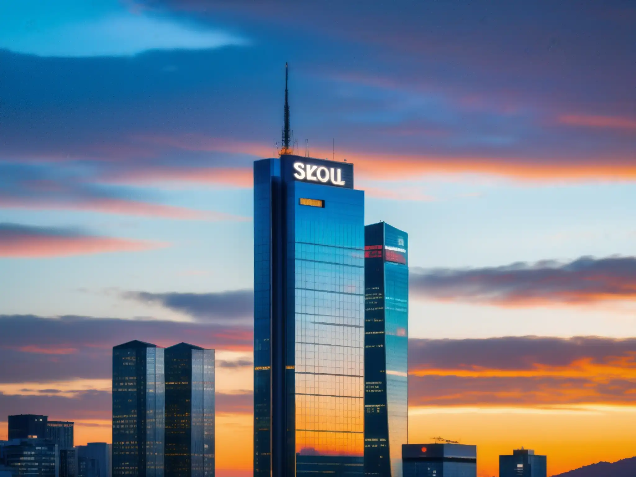 Un imponente rascacielos moderno en Seúl, Corea del Sur, refleja el vibrante atardecer en su fachada de cristal