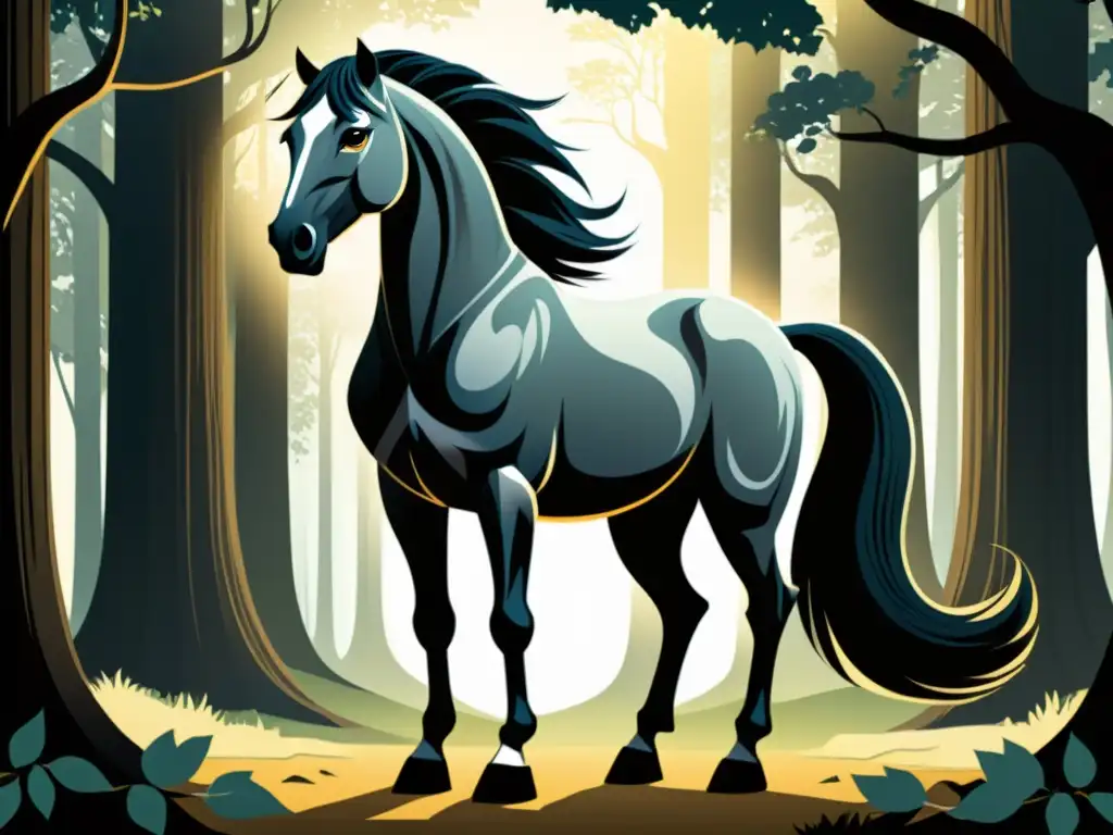 La imponente sombra de Sleipnir, el caballo de ocho patas del mito nórdico, emerge en un bosque misterioso