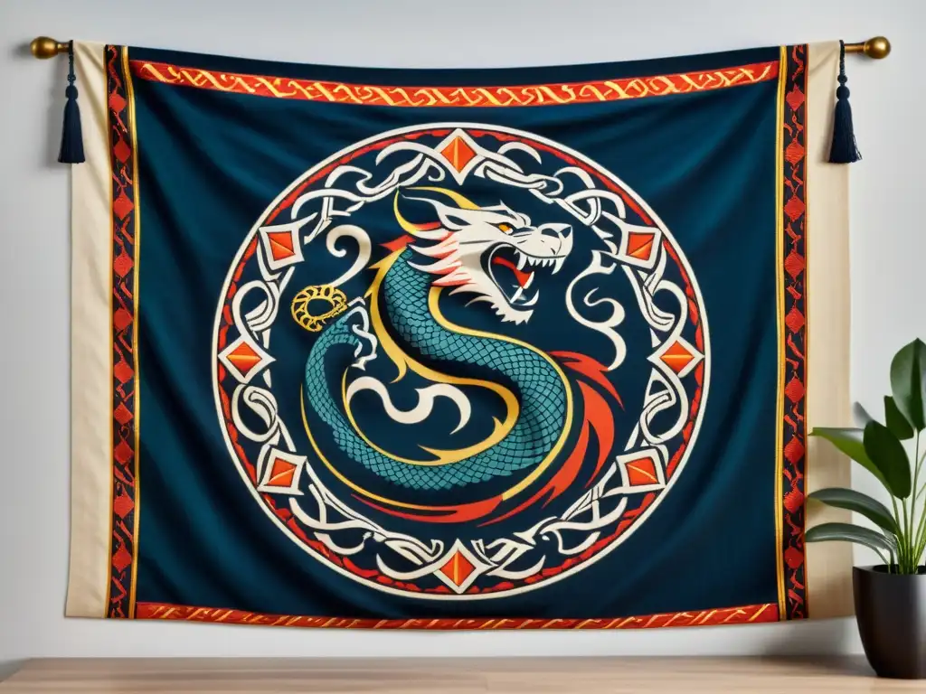 Imponente tapiz nórdico del mito de Jormungandr, la serpiente del mundo, con Thor en una batalla épica