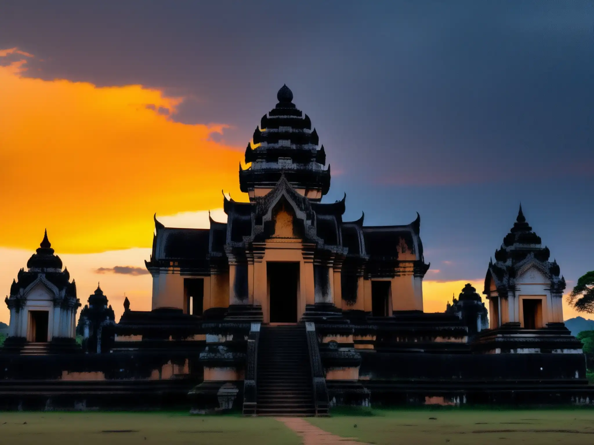 El imponente Templo Preah Vihear se yergue en la misteriosa luz dorada del atardecer, evocando leyendas y maldiciones ancestrales