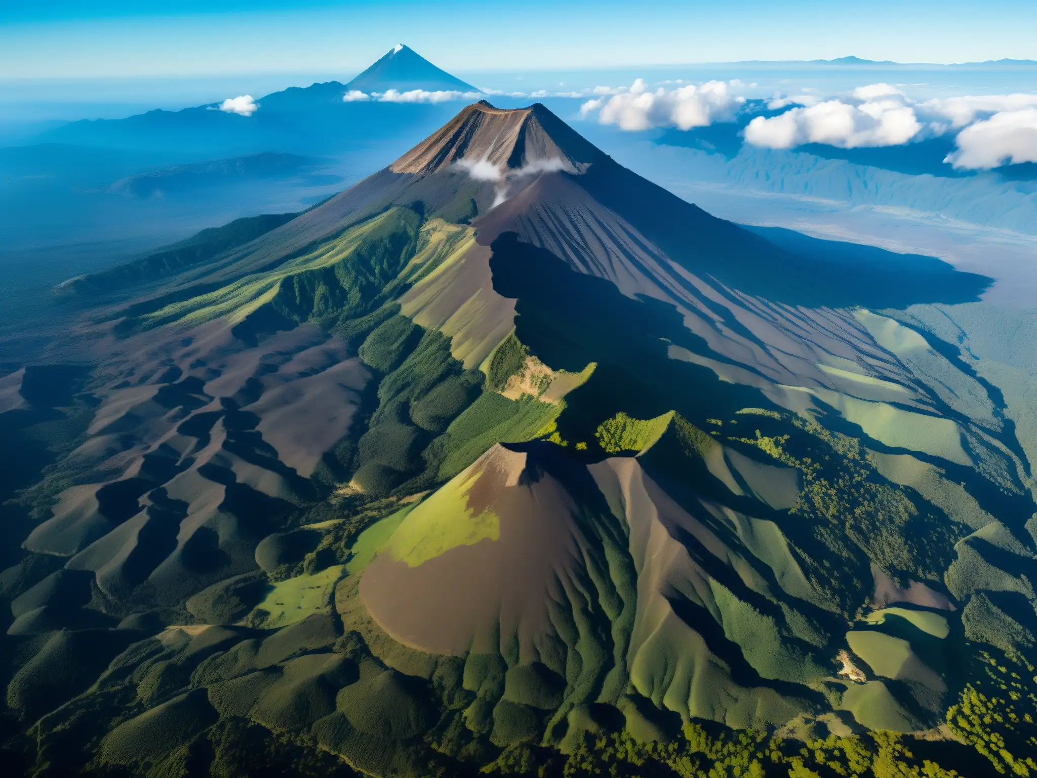 Imponente vista aérea del majestuoso Volcán de la Malinche, con sus pendientes escarpadas y exuberante vegetación, bajo cielos azules