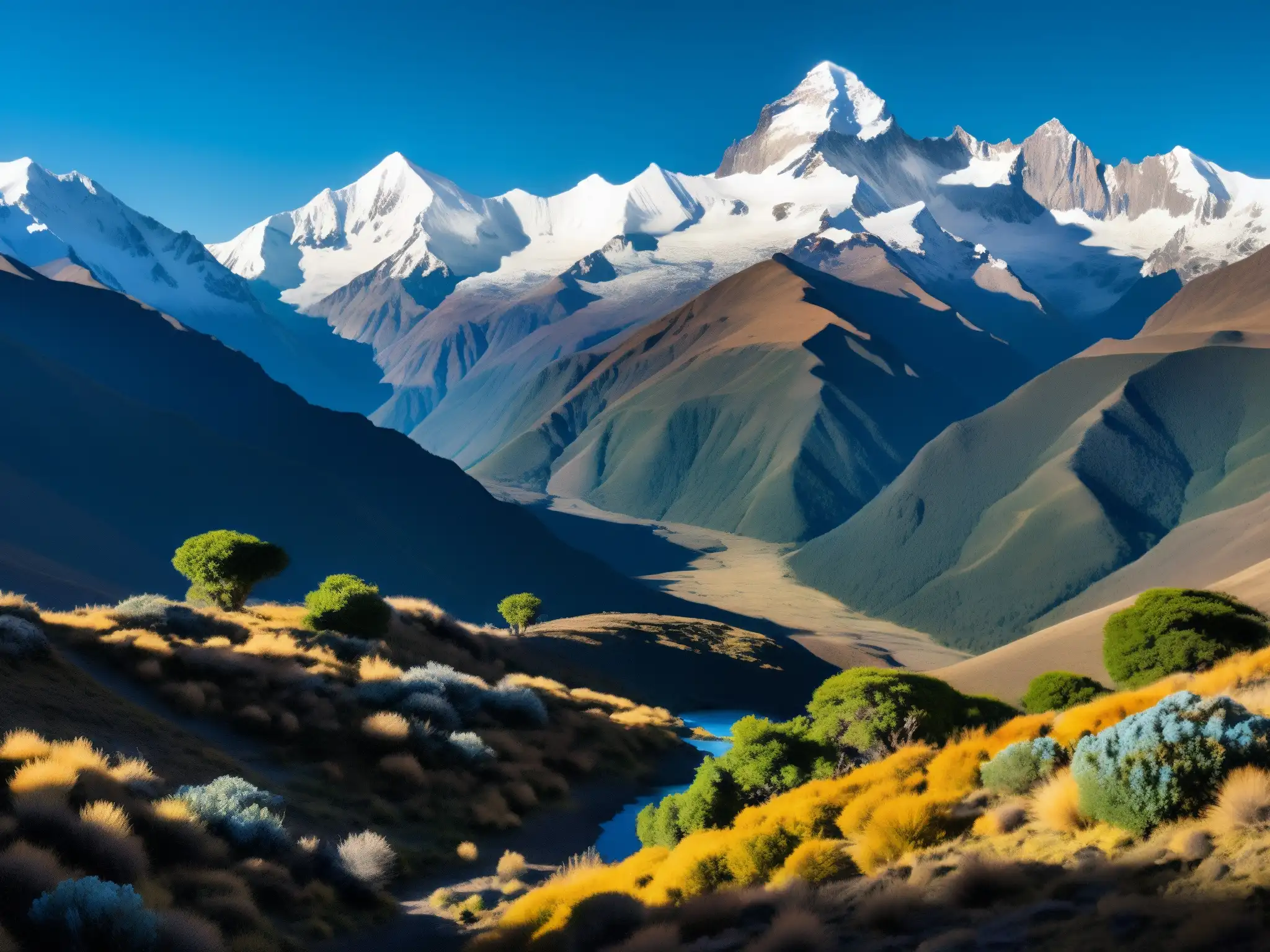 Los imponentes picos nevados de los Andes se alzan sobre un valle, bañados por la luz del sol y un cielo azul