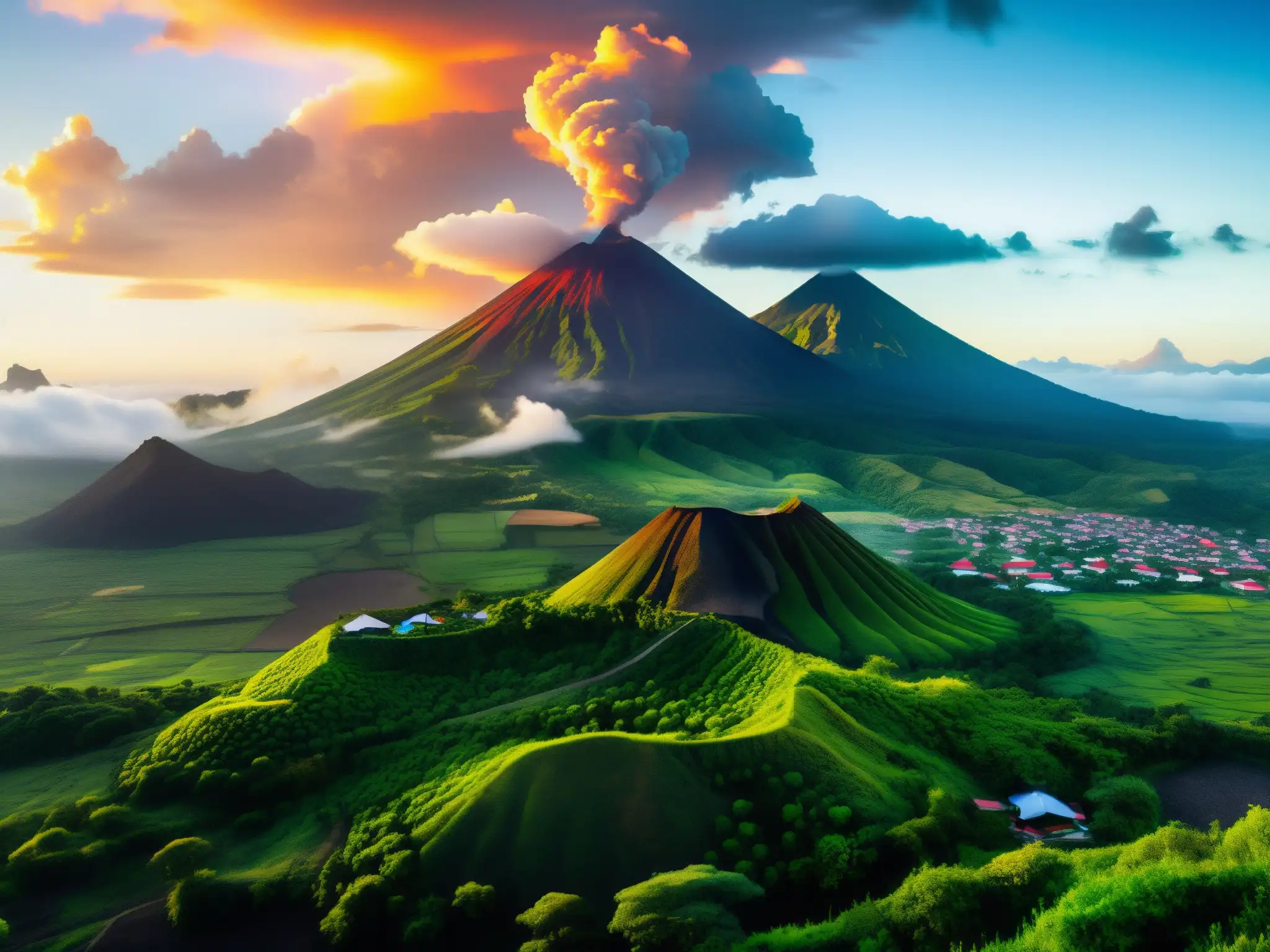 Imponentes volcanes con vegetación exuberante, aldeanos y atardecer dorado