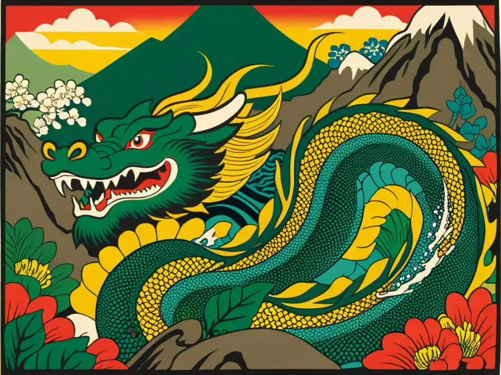 Una impresión detallada de un dragón japonés en un paisaje sagrado, mostrando la majestuosidad y el origen mitológico de los Ryū