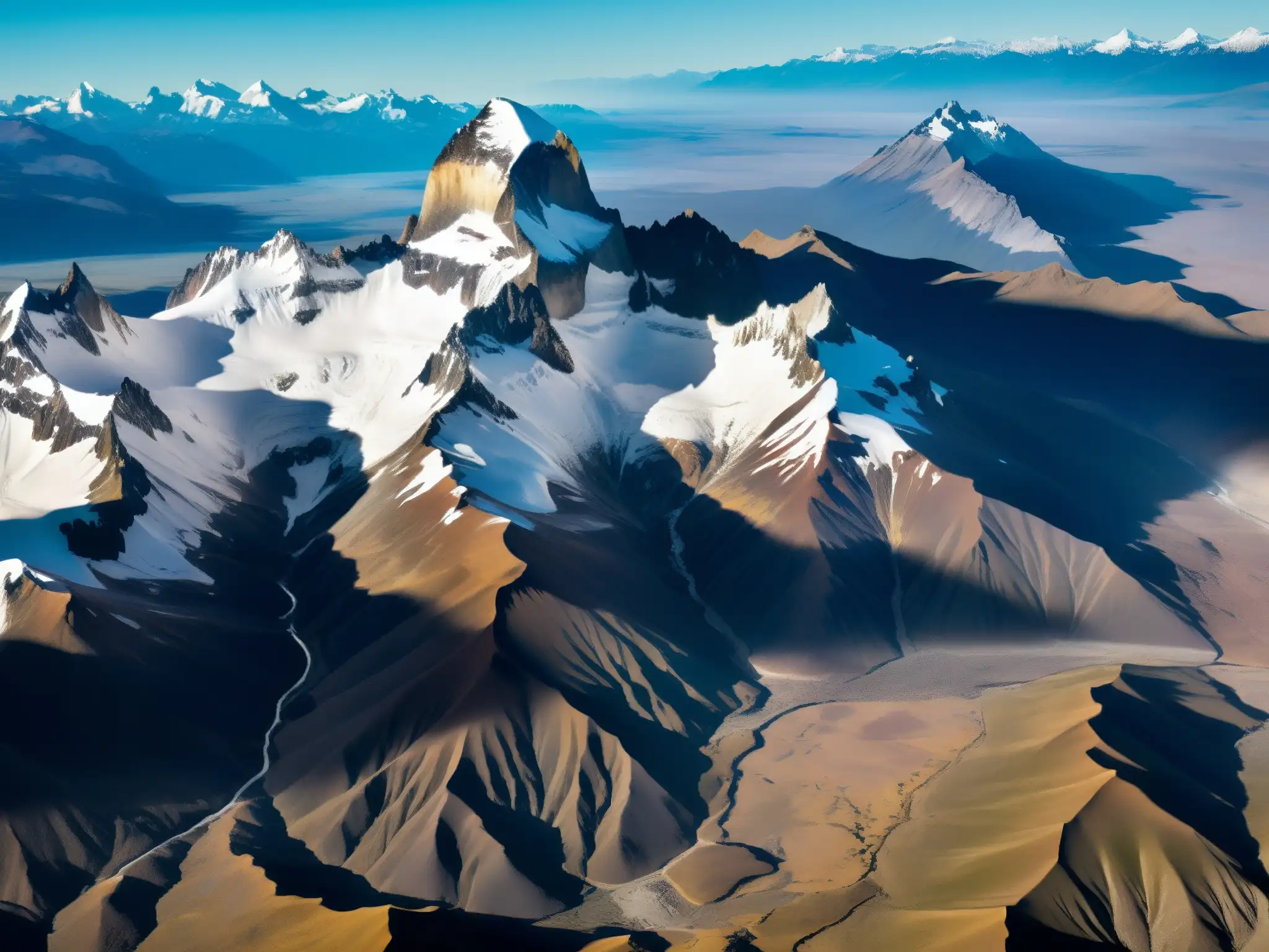 Una impresionante fotografía aérea de la áspera y ventosa región de la Patagonia, con los picos nevados de los Andes y la estepa patagónica
