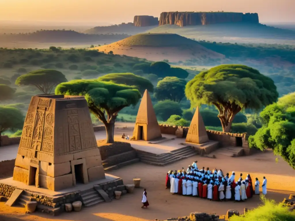 Un impresionante atardecer sobre la antigua ciudad de Aksum en Etiopía, iluminando los obeliscos y ruinas con un cálido resplandor dorado