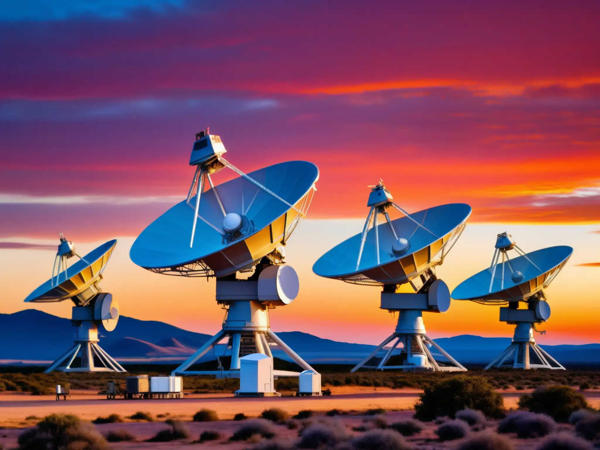 Un impresionante atardecer ilumina un conjunto de radiotelescopios en busca de comunicación extraterrestre