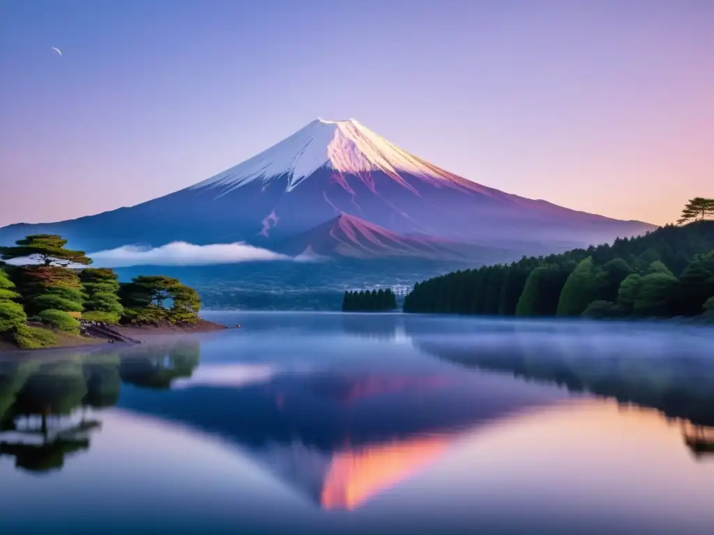 Un impresionante atardecer sobre el Monte Fuji reflejado en un lago sereno, evocando las creencias sobre el Espíritu del Monte Fuji