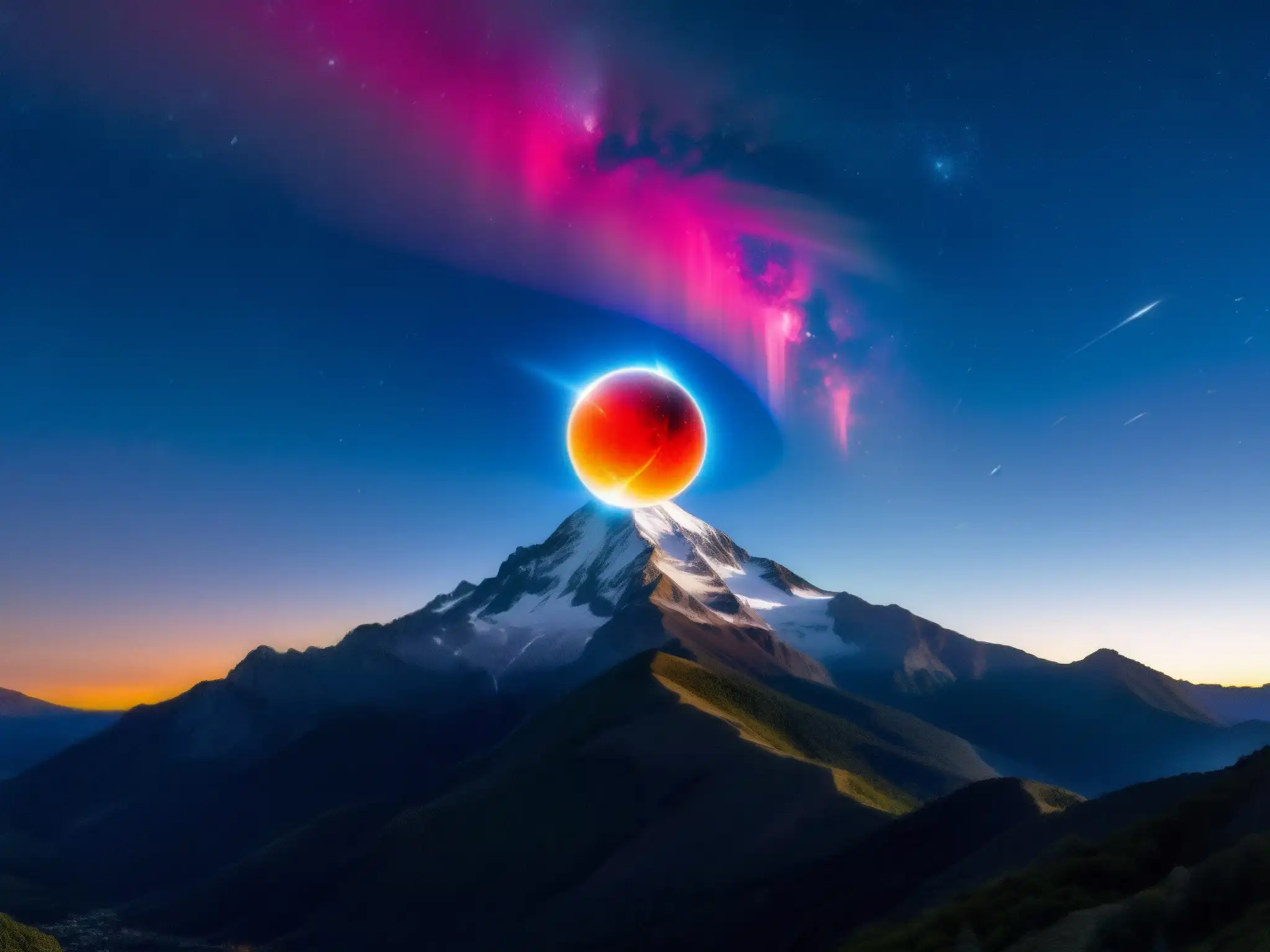 Una impresionante bola de fuego surca el cielo nocturno sobre un paisaje montañoso, captada por un astroturista