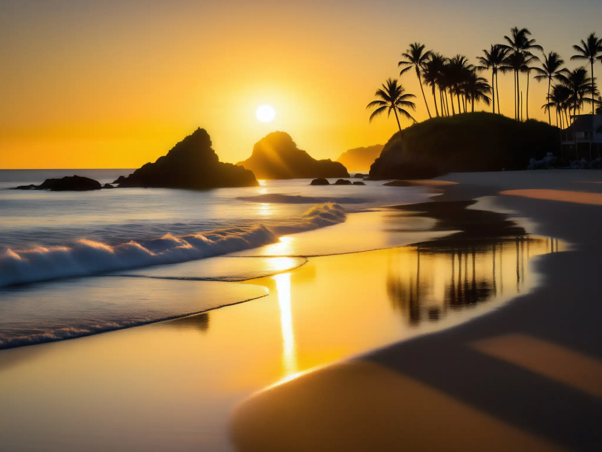 Una impresionante fotografía detallada de Dumas Beach al atardecer, con el sol dorado poniéndose en el horizonte y creando un cálido resplandor sobre las olas