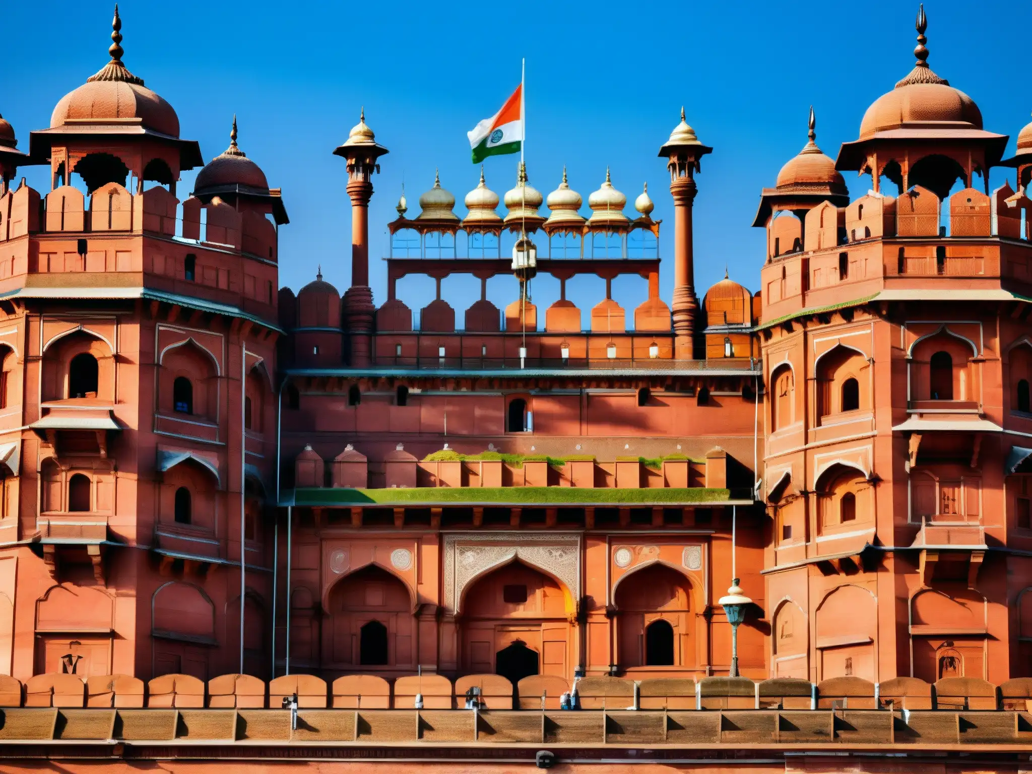 El impresionante Fuerte Rojo en Delhi, India, muestra su intrincada arquitectura de arenisca roja
