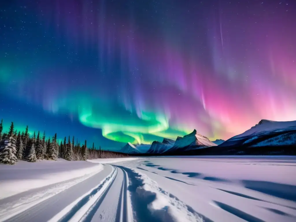 Una impresionante imagen de la Aurora Boreal creando un espectáculo de colores vibrantes sobre un paisaje nevado, evocando leyendas y espíritus