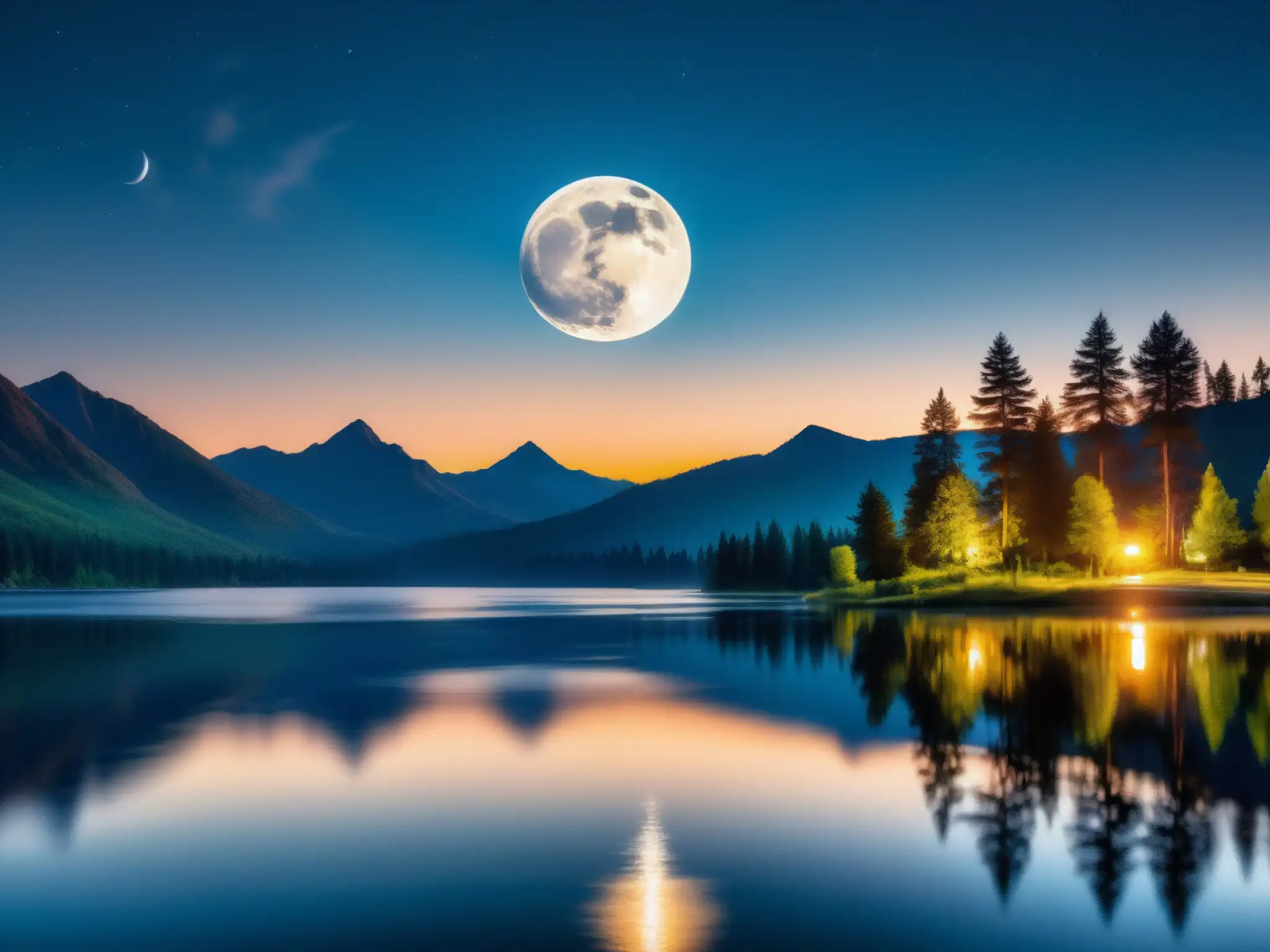 Una impresionante imagen de la luna llena brillando sobre un lago sereno, con reflejos en el agua