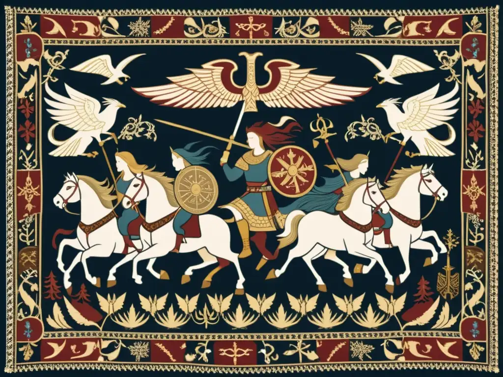 Una impresionante imagen de una tapicería nórdica tradicional con Valkirias en batalla, detallada y llena de simbolismo