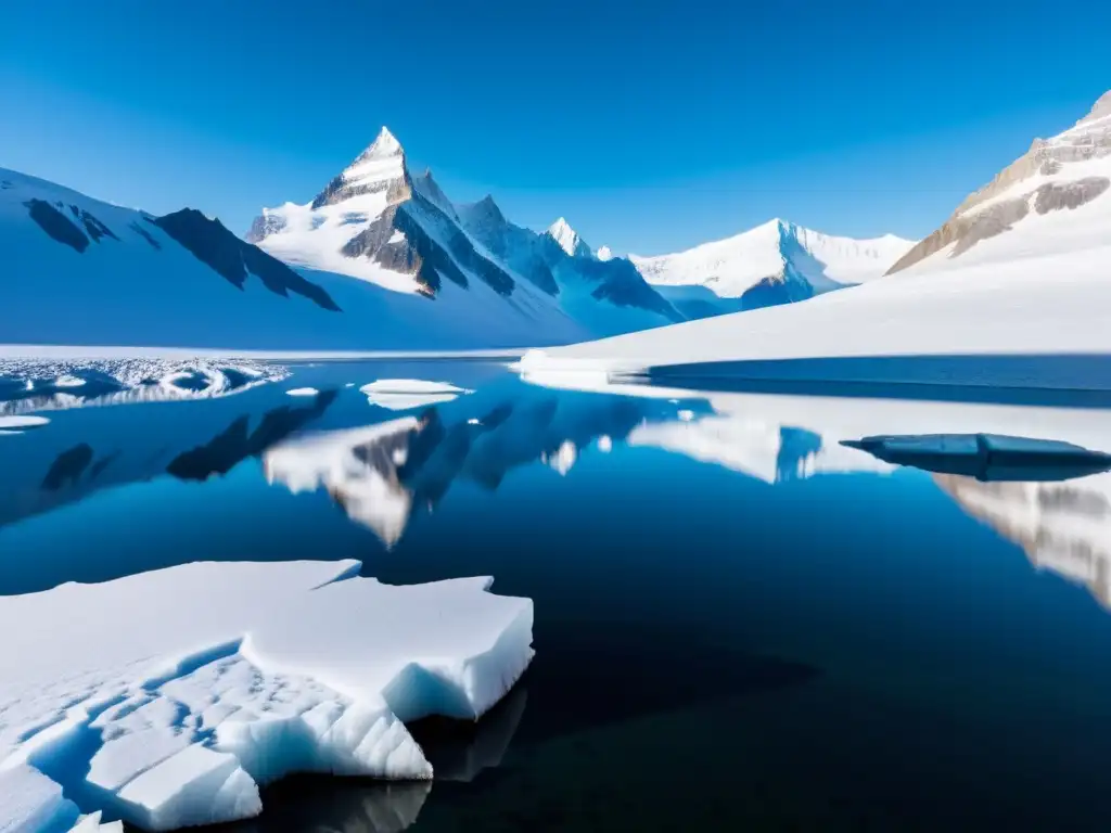 Una impresionante imagen de un vasto paisaje helado en Jotunheim, con formaciones de hielo imponentes que alcanzan el cielo azul