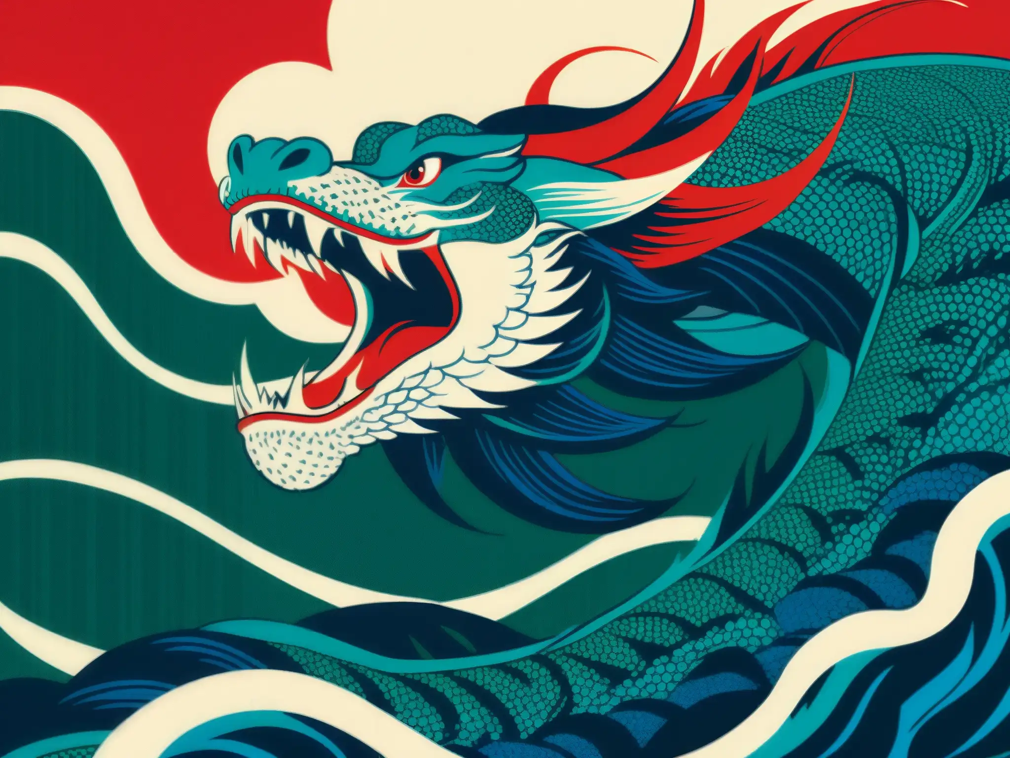 Una impresionante impresión japonesa de un dragón y una sirena, con detalles intrincados y colores vibrantes