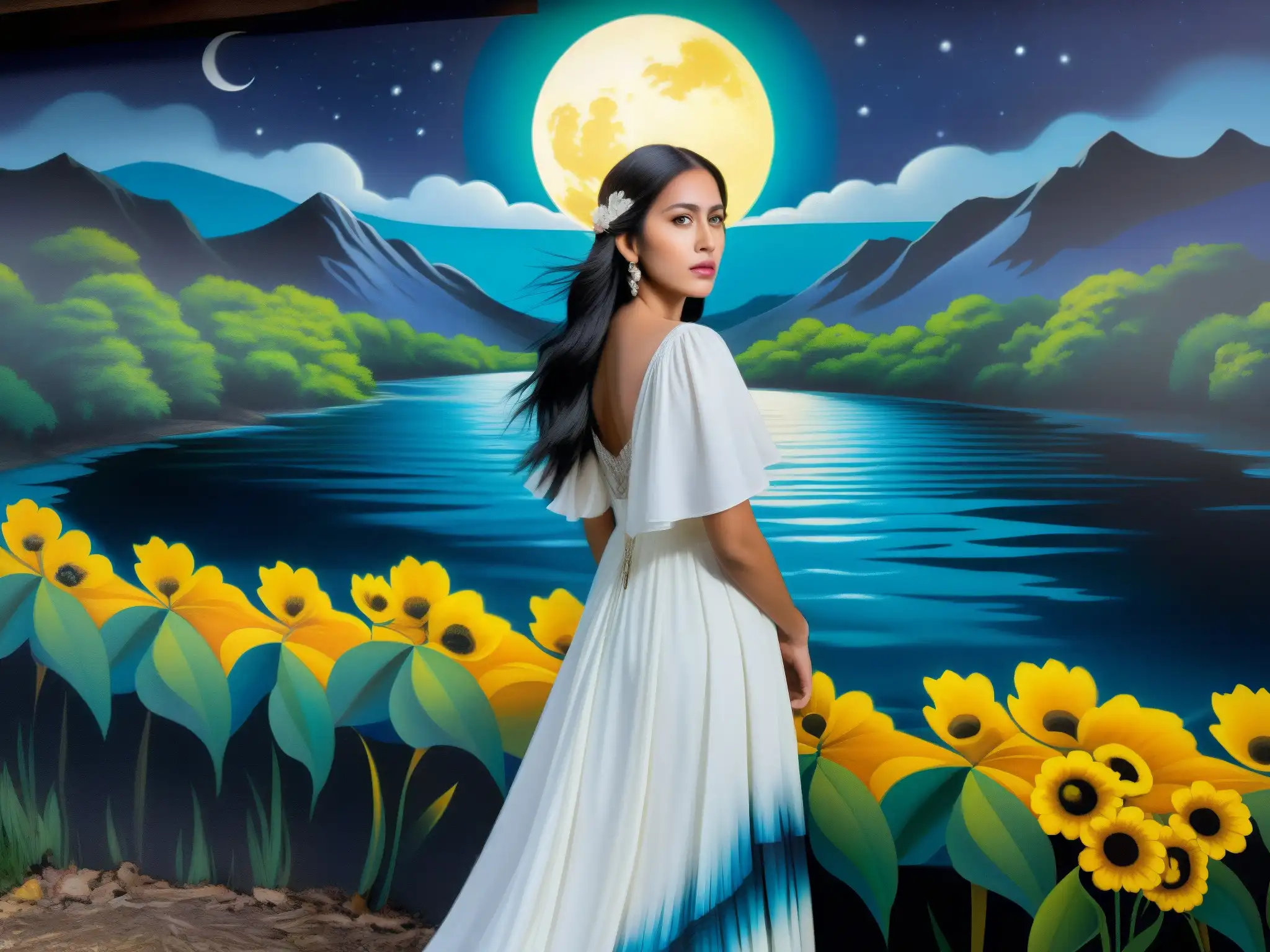Un impresionante mural de La Llorona en colores vivos, su vestido blanco ondeando junto al río a la luz de la luna
