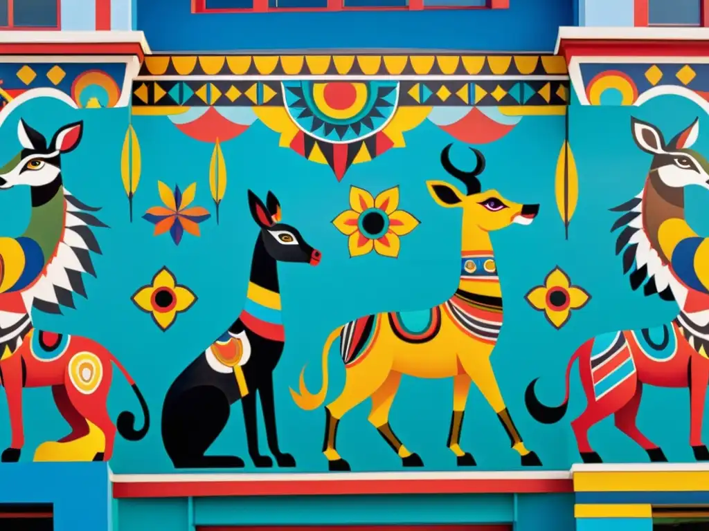 Un impresionante mural urbano con simbolismo animal en leyendas urbanas, deslumbrante y lleno de colores y detalles épicos