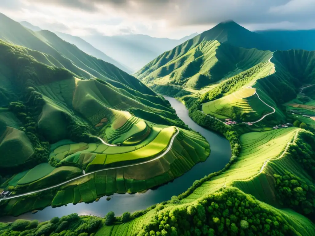 Impresionante paisaje montañoso en Japón, Ubasuteyama, con río serpenteante y exuberante vegetación, envuelto en misterio y mito antiguo