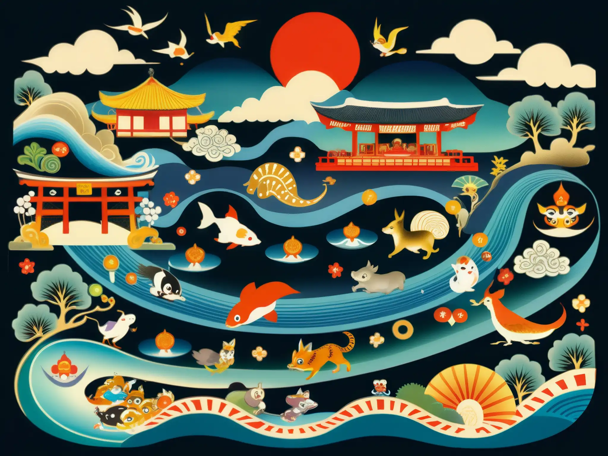 Una impresionante pintura japonesa de un mercado Yokai, detallada y llena de vida