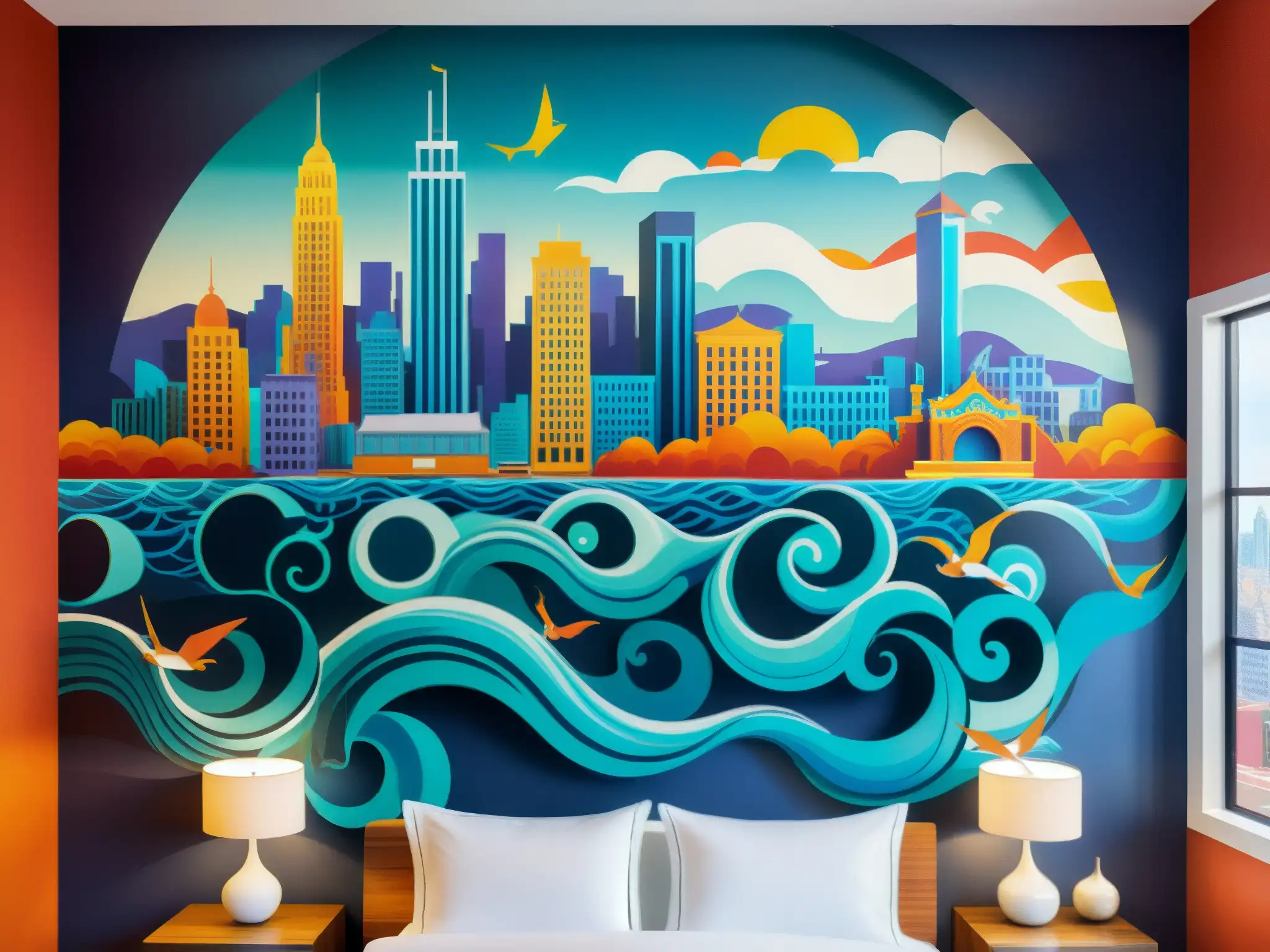 Una impresionante pintura mural que muestra un grupo de sirenas místicas emergiendo de las profundidades de un vibrante paisaje urbano