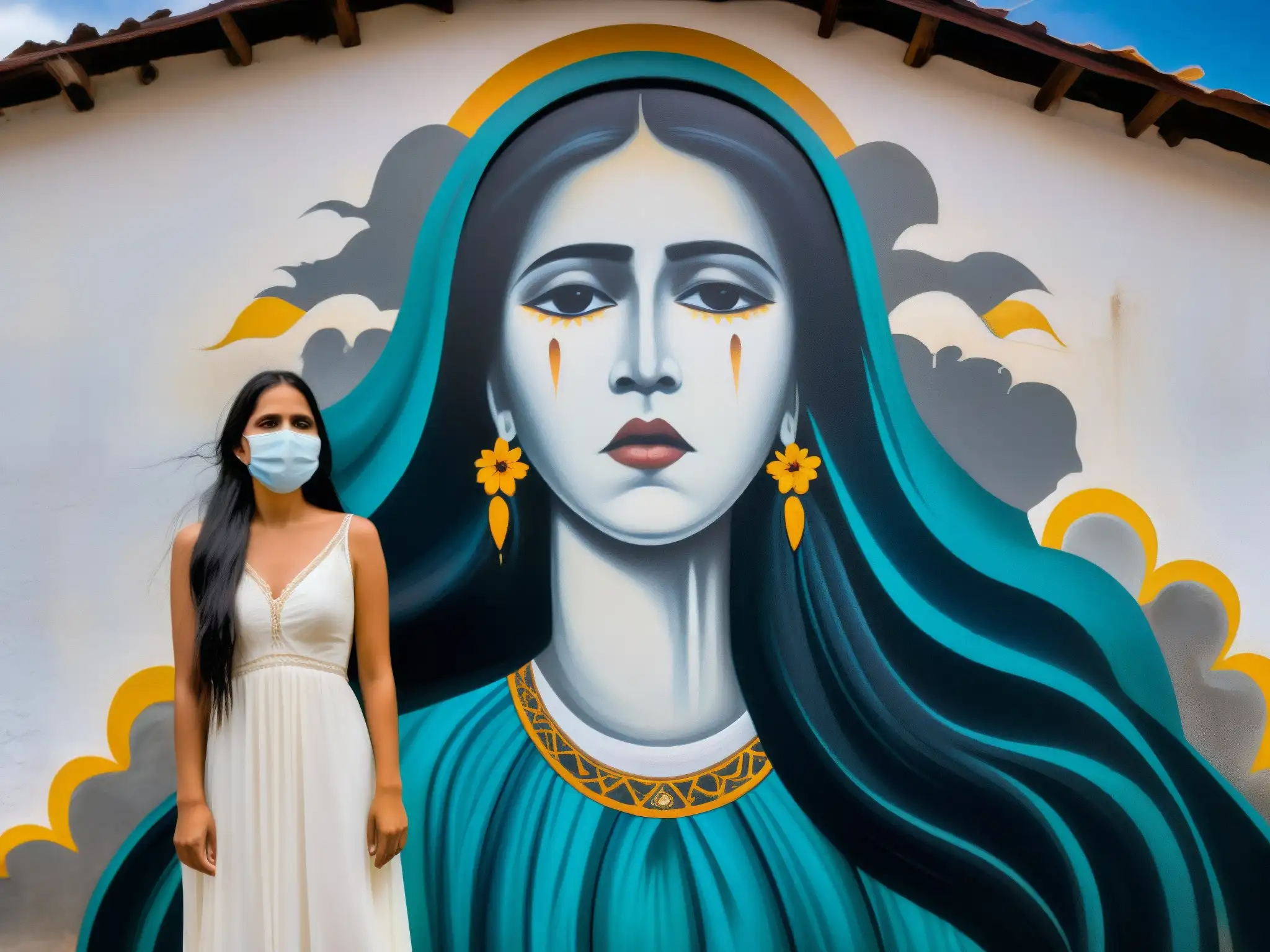 Una impresionante pintura mural de La Llorona en un pueblo mexicano, evocando la conexión entre La Llorona y estrés postraumático
