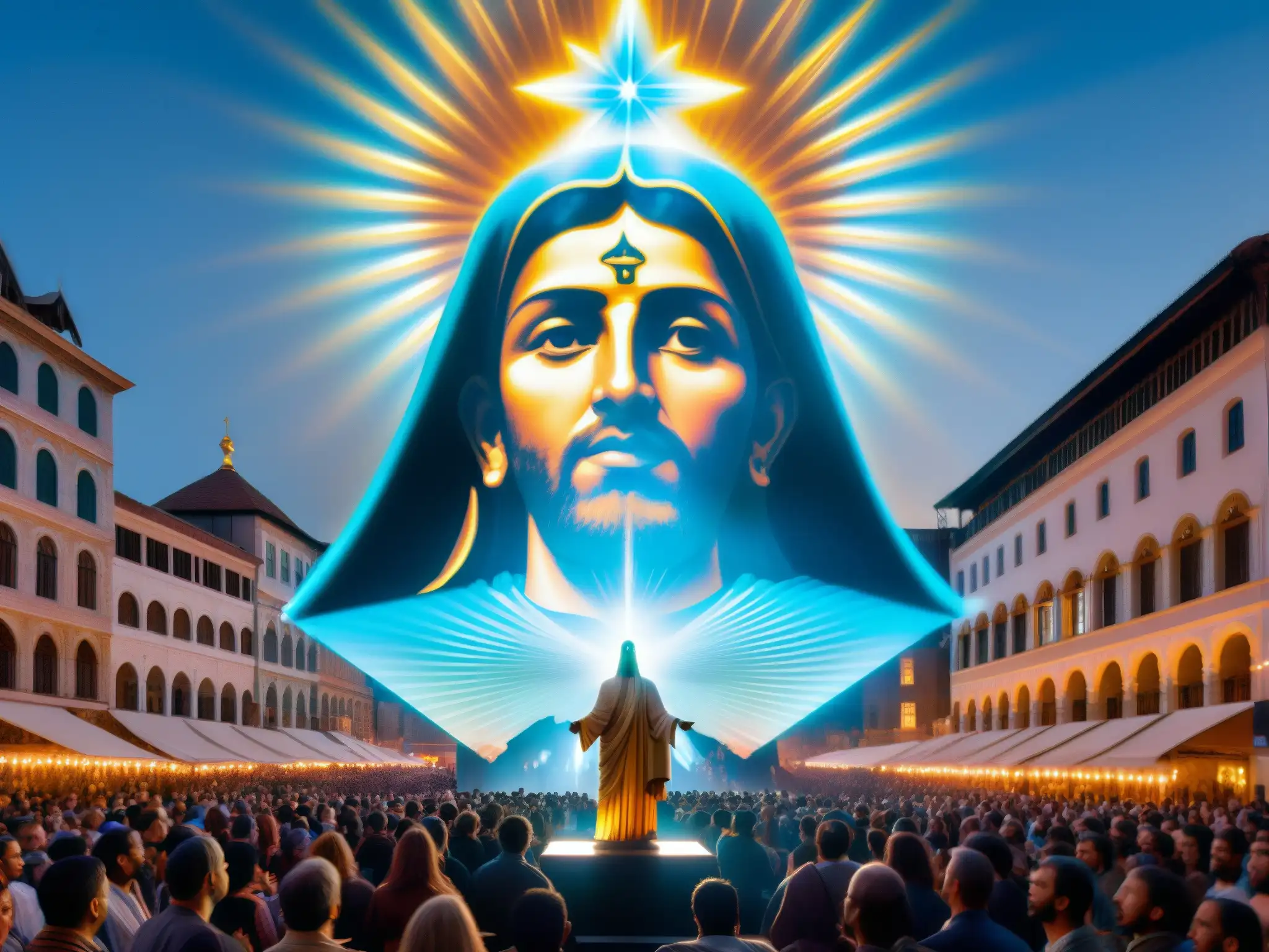 Una impresionante proyección holográfica de una figura religiosa domina la plaza de la ciudad, asombrando y cautivando a los espectadores