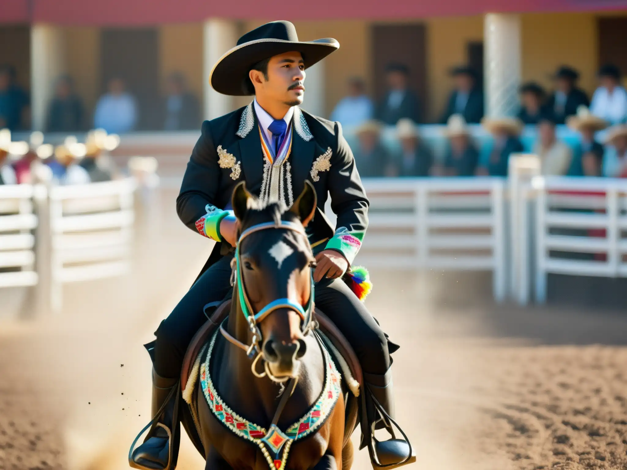 Un impresionante rodeo tradicional mexicano con un charro montando un caballo negro