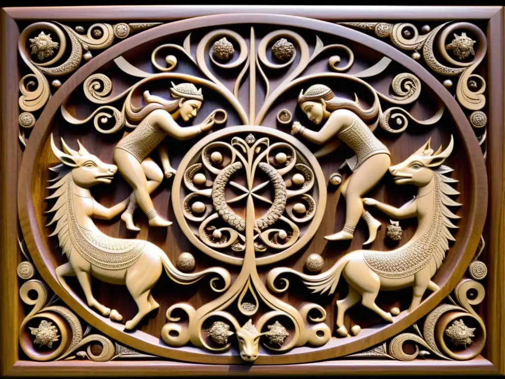 Impresionante tallado de madera de los Hijos de Loki monstruosidades leyendas, capturando la dramática escena de la mitología nórdica