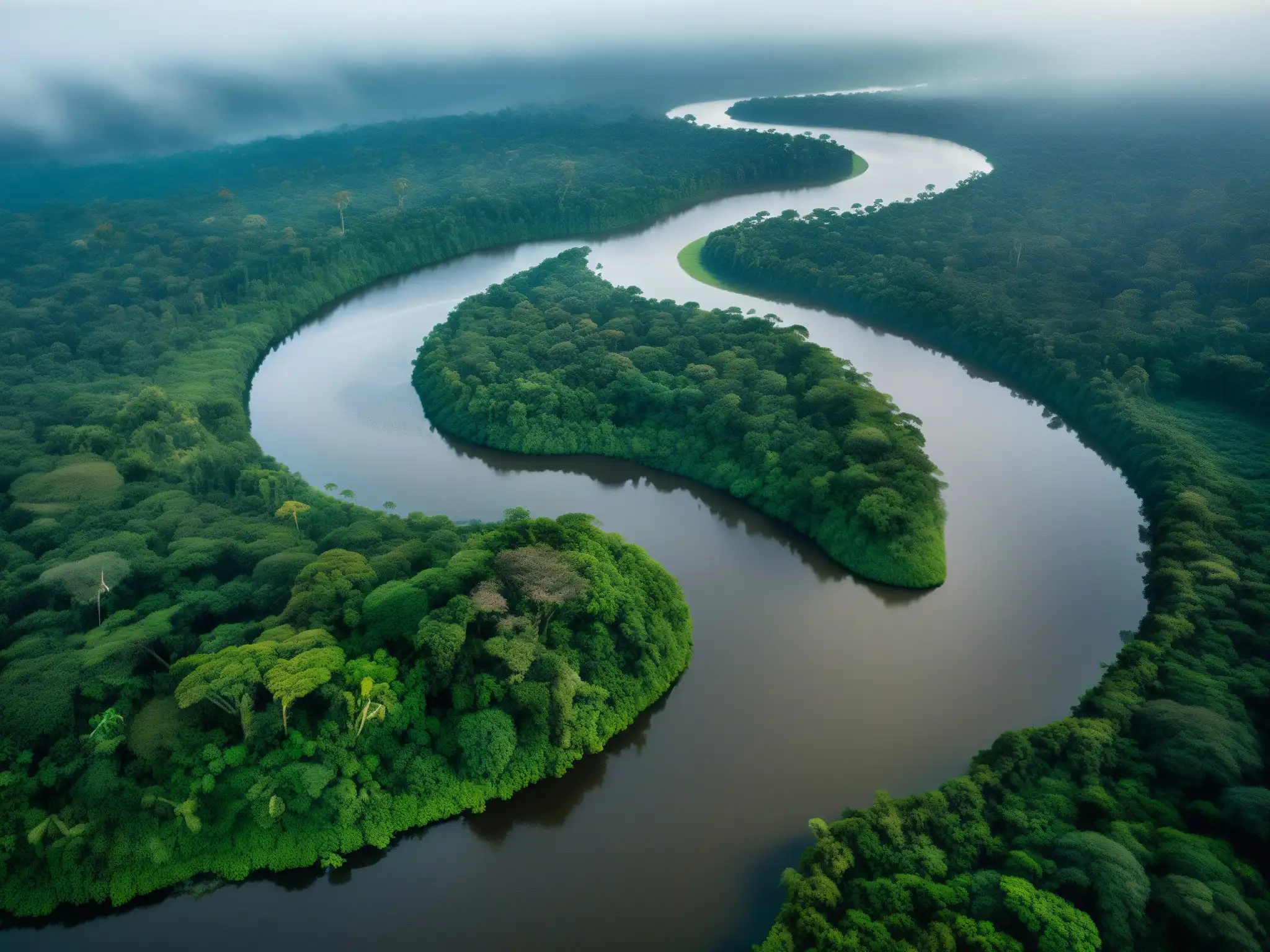 Una impresionante vista de los intrincados ríos del Amazonas con la luz matutina creando un aura mística