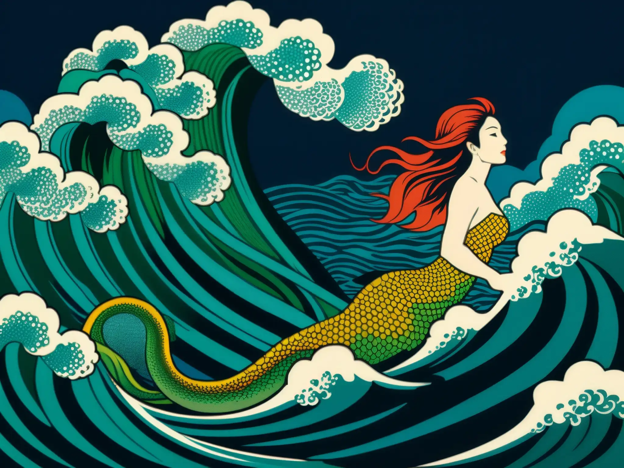 Una impresionante xilografía japonesa de un dragón sirena emergiendo de un mar turbulento