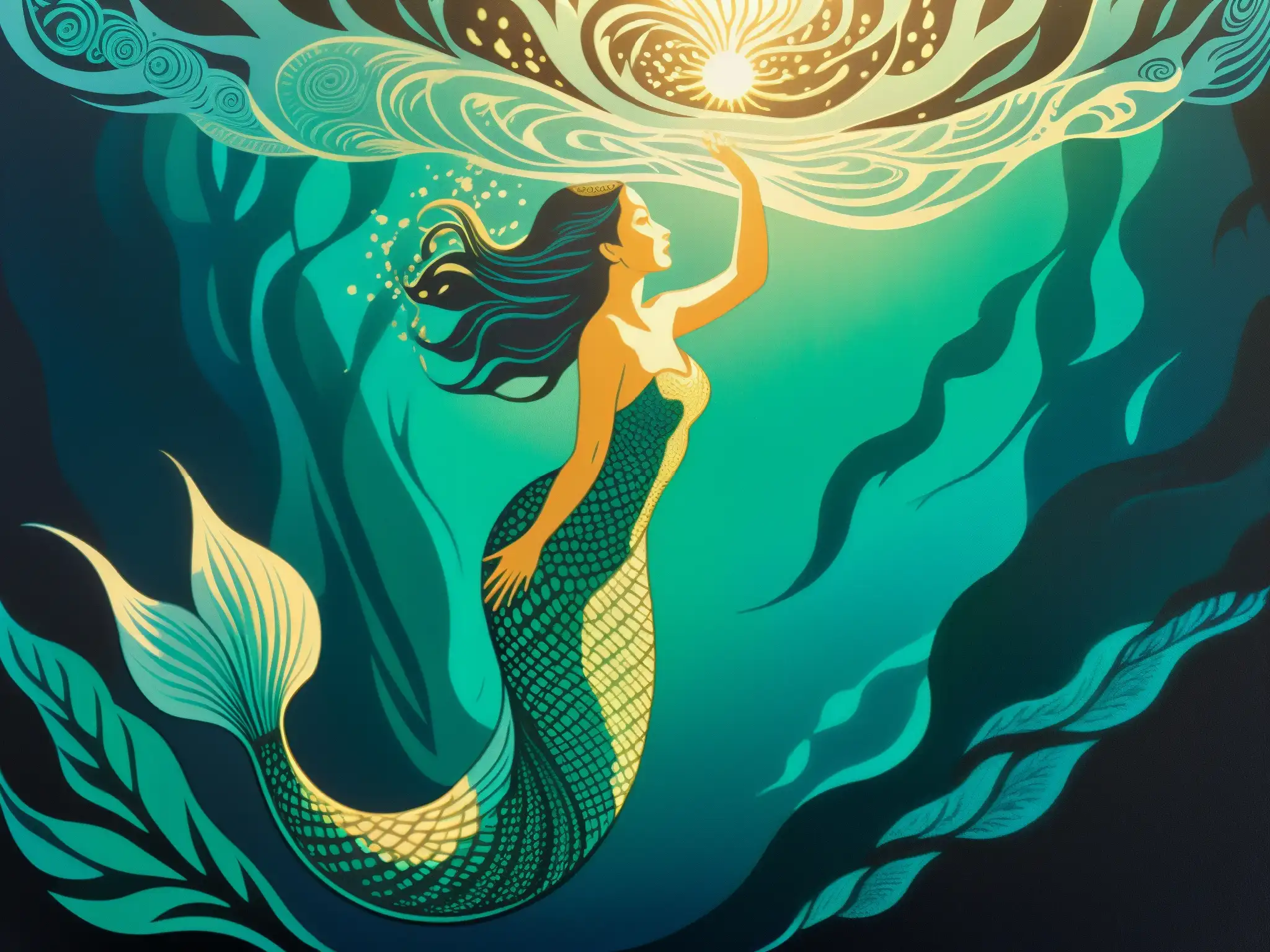 Una impresionante xilografía que muestra la leyenda de la Sirena Dragón emergiendo de un mar oscuro y misterioso, con escamas brillantes y sinuosas
