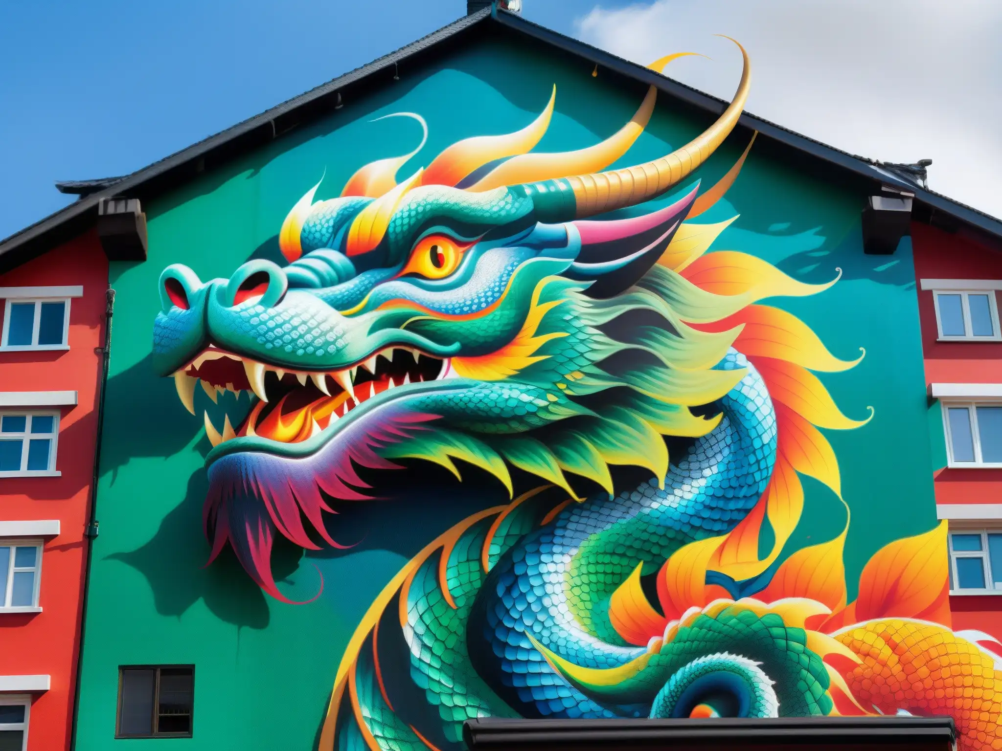Increíble mural del Dragón de Ryuugujou en la ciudad, reflejando mitología urbana con colores vibrantes y escamas iridiscentes