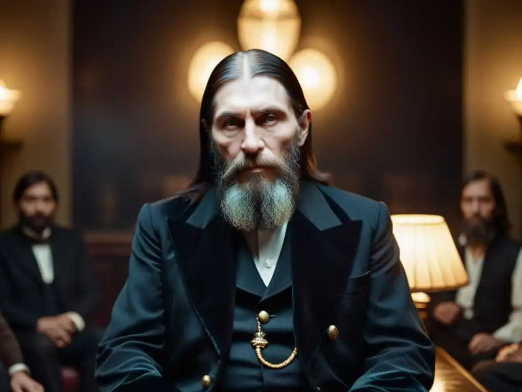 Influencia de Rasputín en leyendas rusas: Rasputin enigmático, rodeado de personas en una habitación tenue, evocando misterio y poder histórico