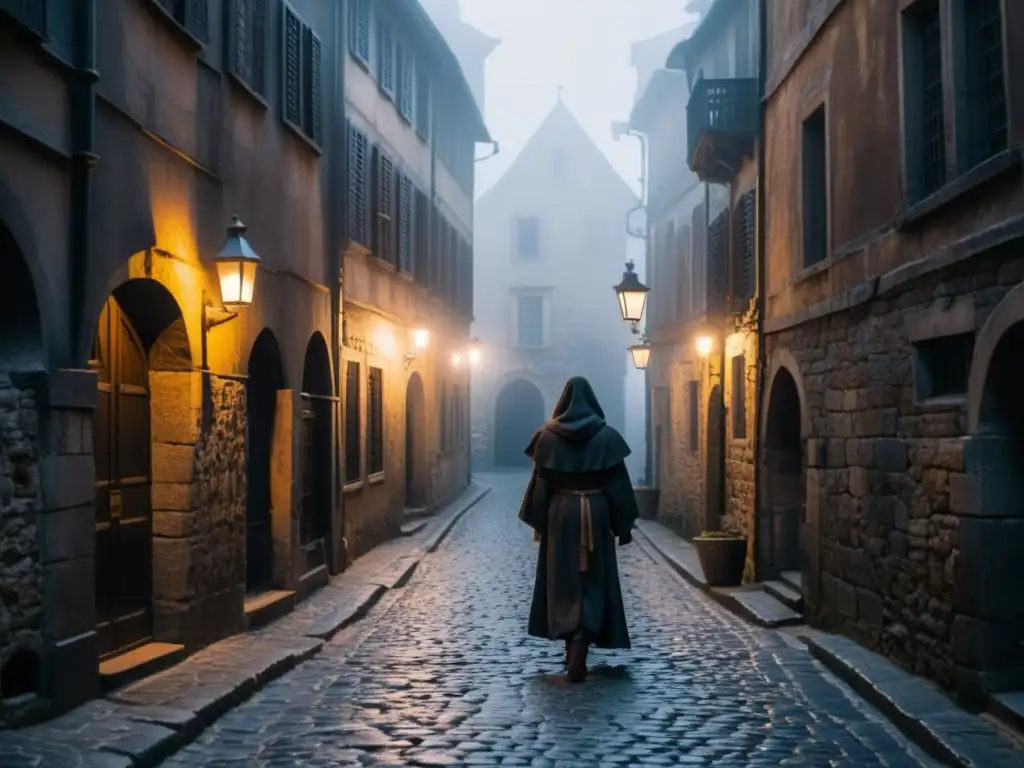 Influencia leyendas urbanas Cruzadas: un callejón oscuro y misterioso en una antigua ciudad europea, envuelto en neblina y sombras