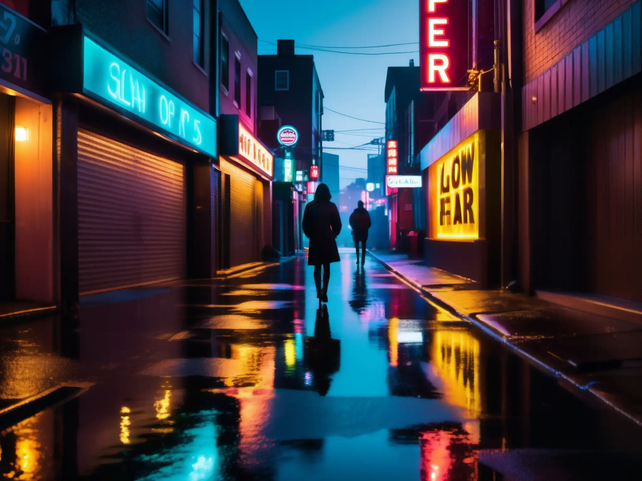 Influencia de leyendas urbanas digitales: Calle nocturna con neón reflejándose en el pavimento mojado, figura en la sombra con ojos brillantes