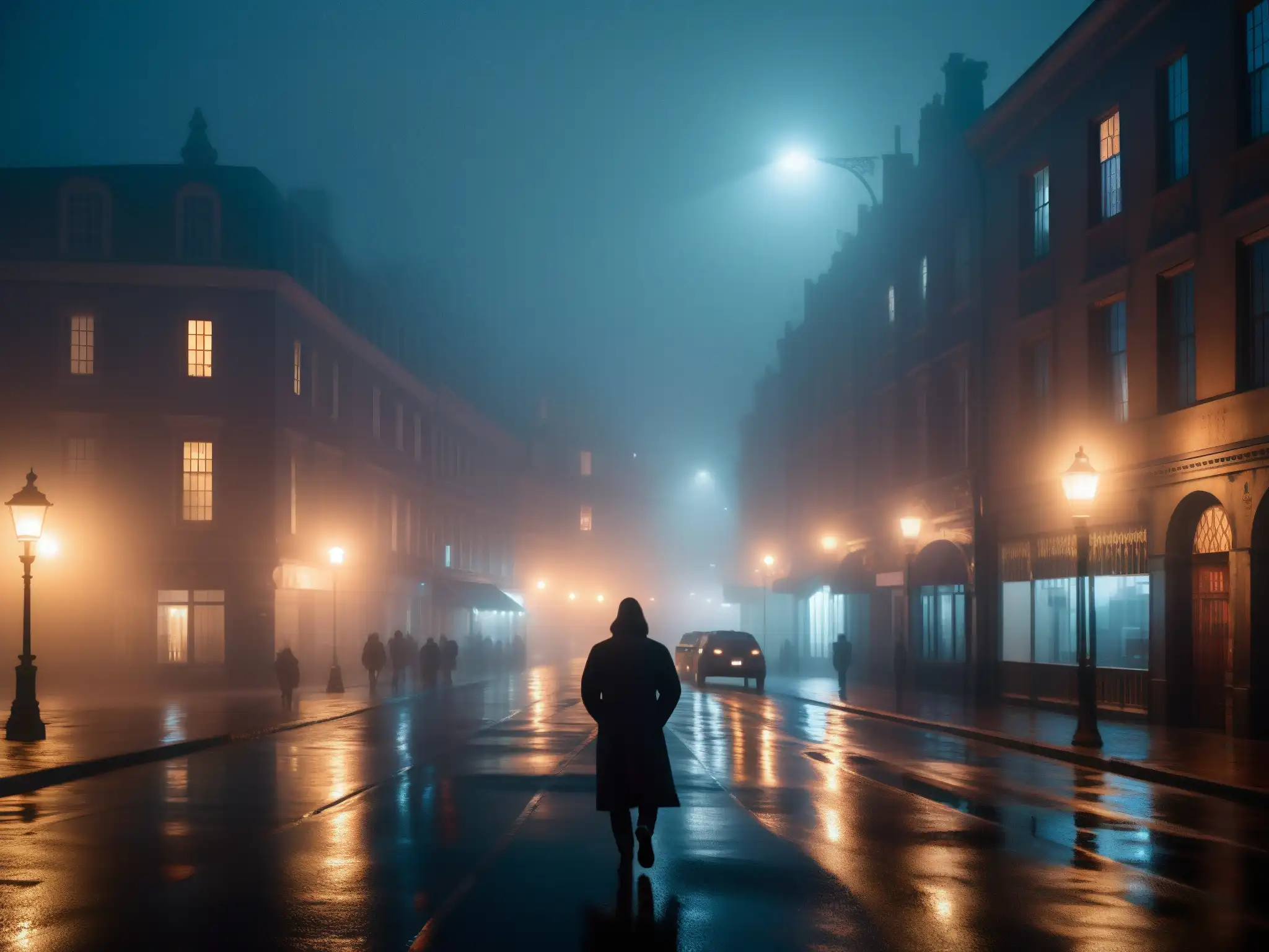 Influencia de leyendas urbanas digitales en la misteriosa y neblinosa calle nocturna de la imagen