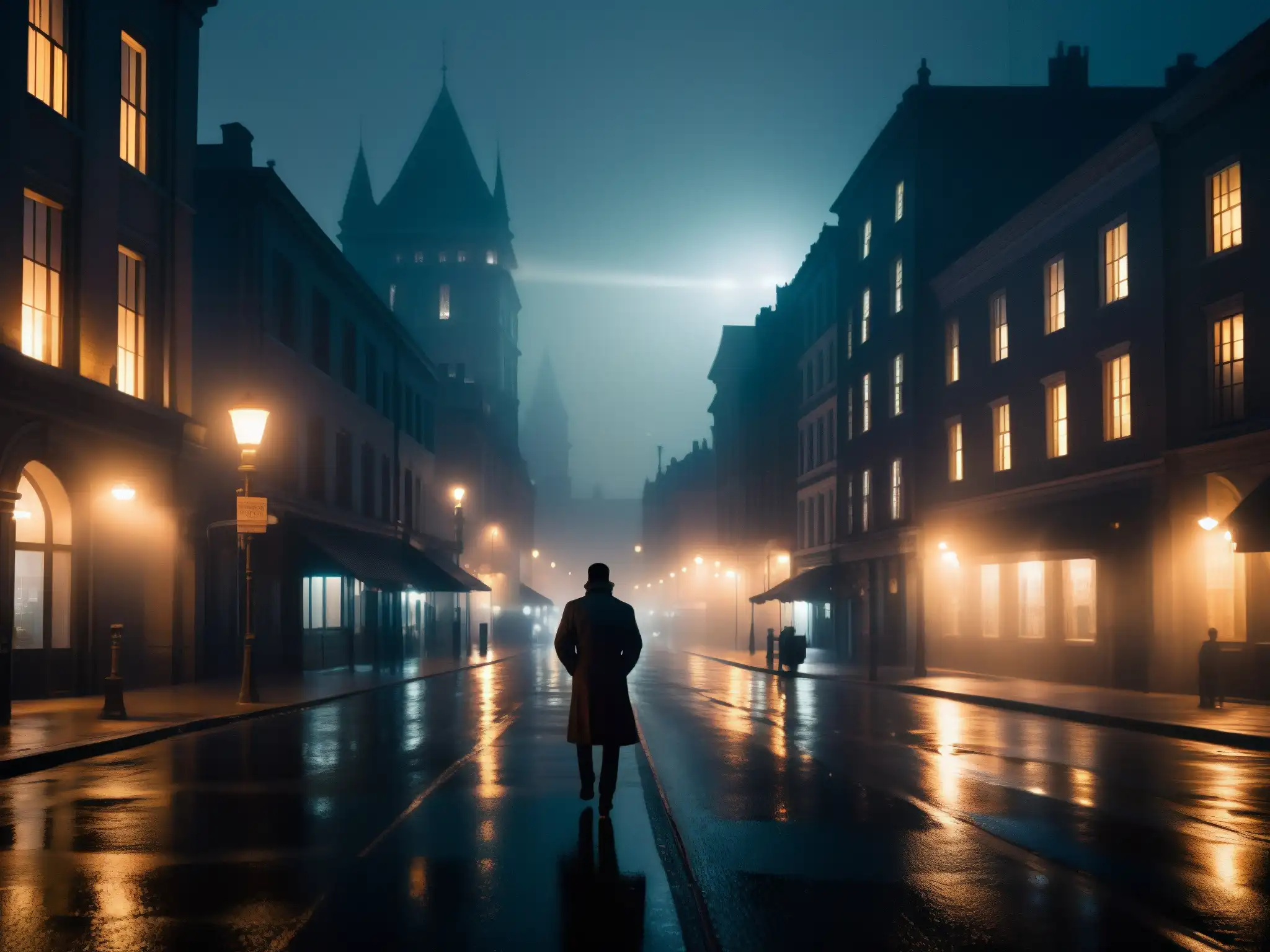 Influencia de leyendas urbanas entretenimiento: calle nocturna misteriosa, luces de la ciudad y siluetas en la niebla