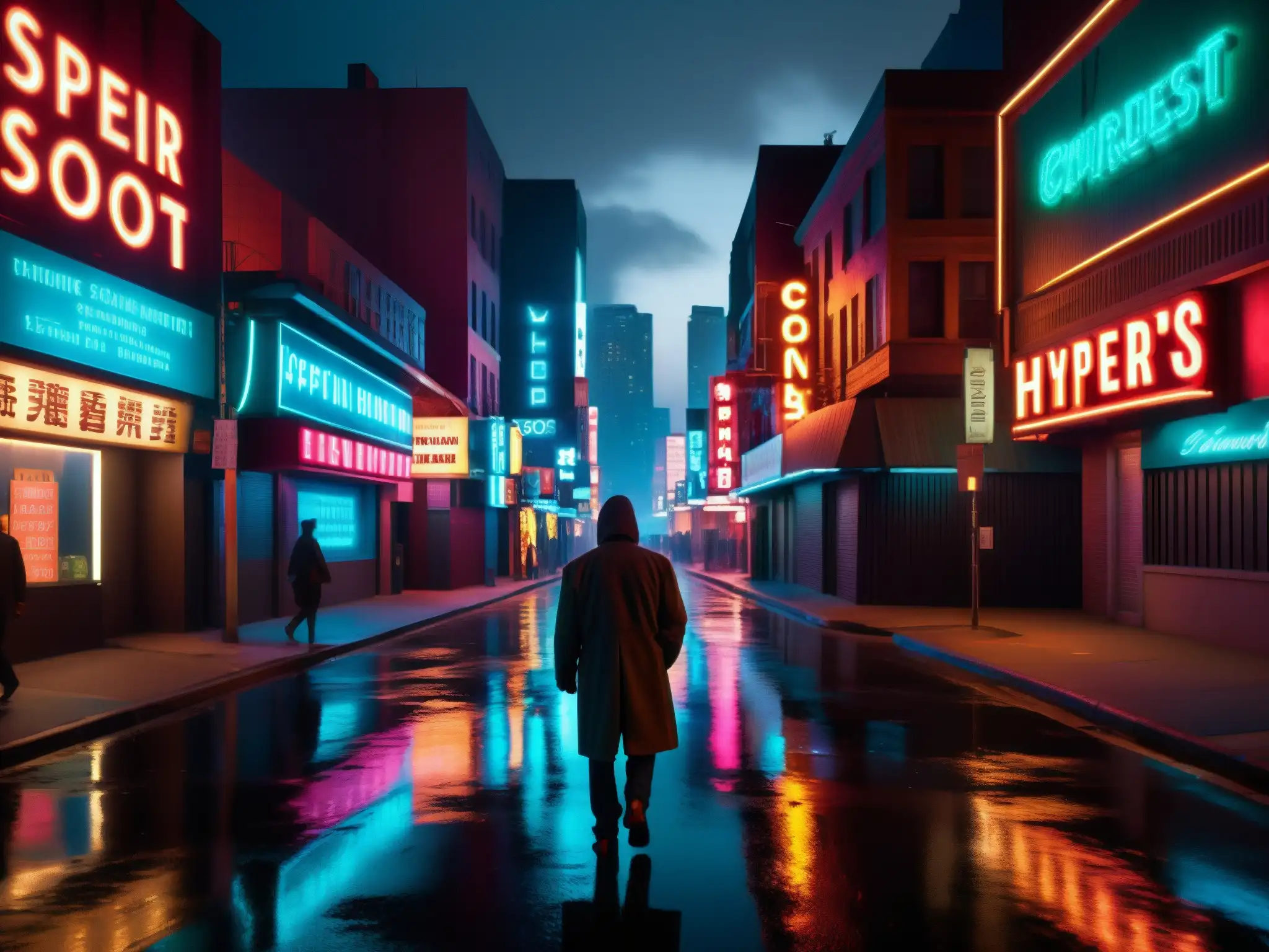 Influencia de leyendas urbanas en el entretenimiento: Un solitario caminante en la misteriosa y luminosa calle nocturna de la ciudad