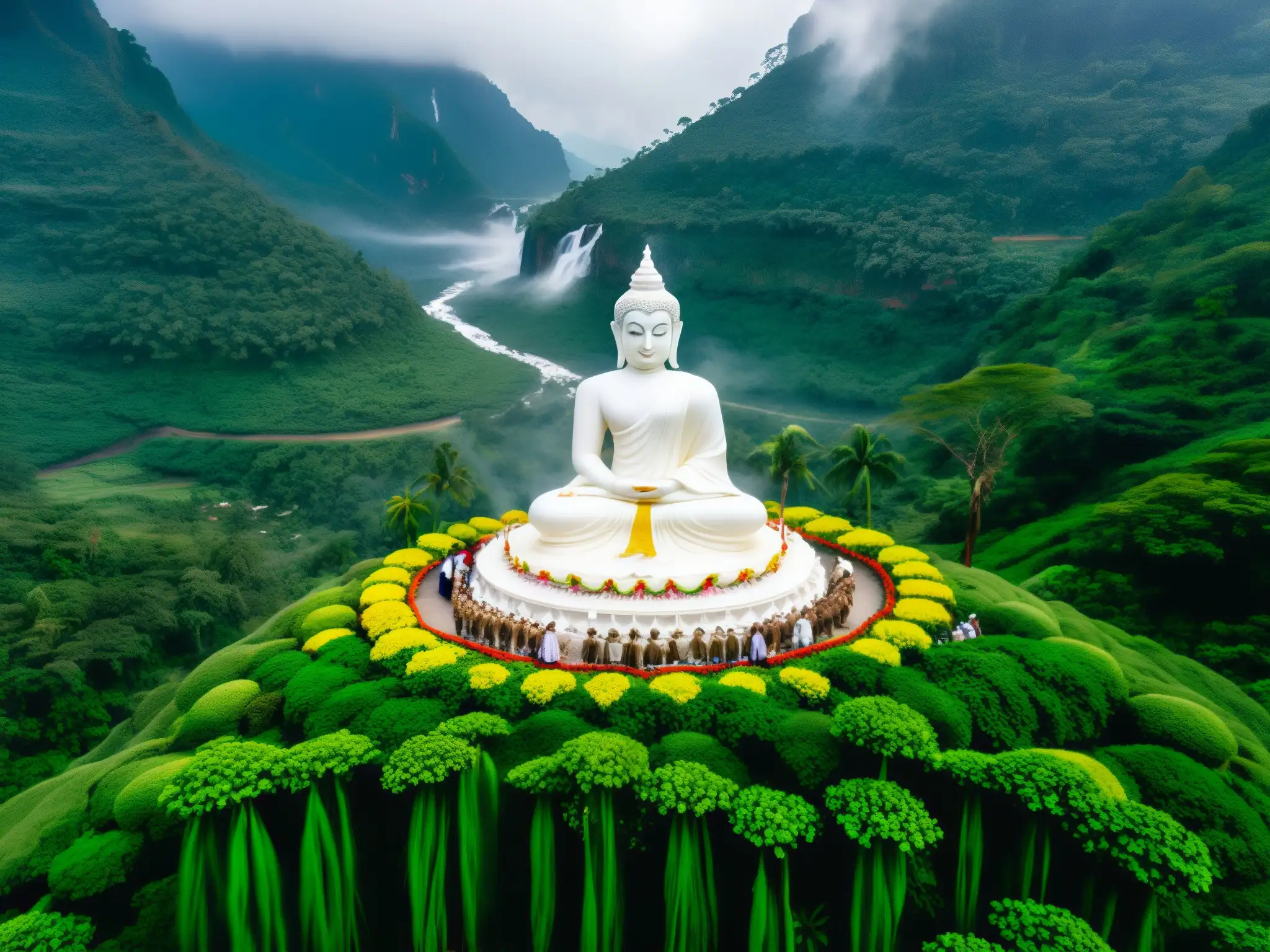 Influencia misticismo diosa blanca Sri Lanka: Vista aérea de montañas neblinosas, cascadas y ritual sagrado con locales vestidos de blanco